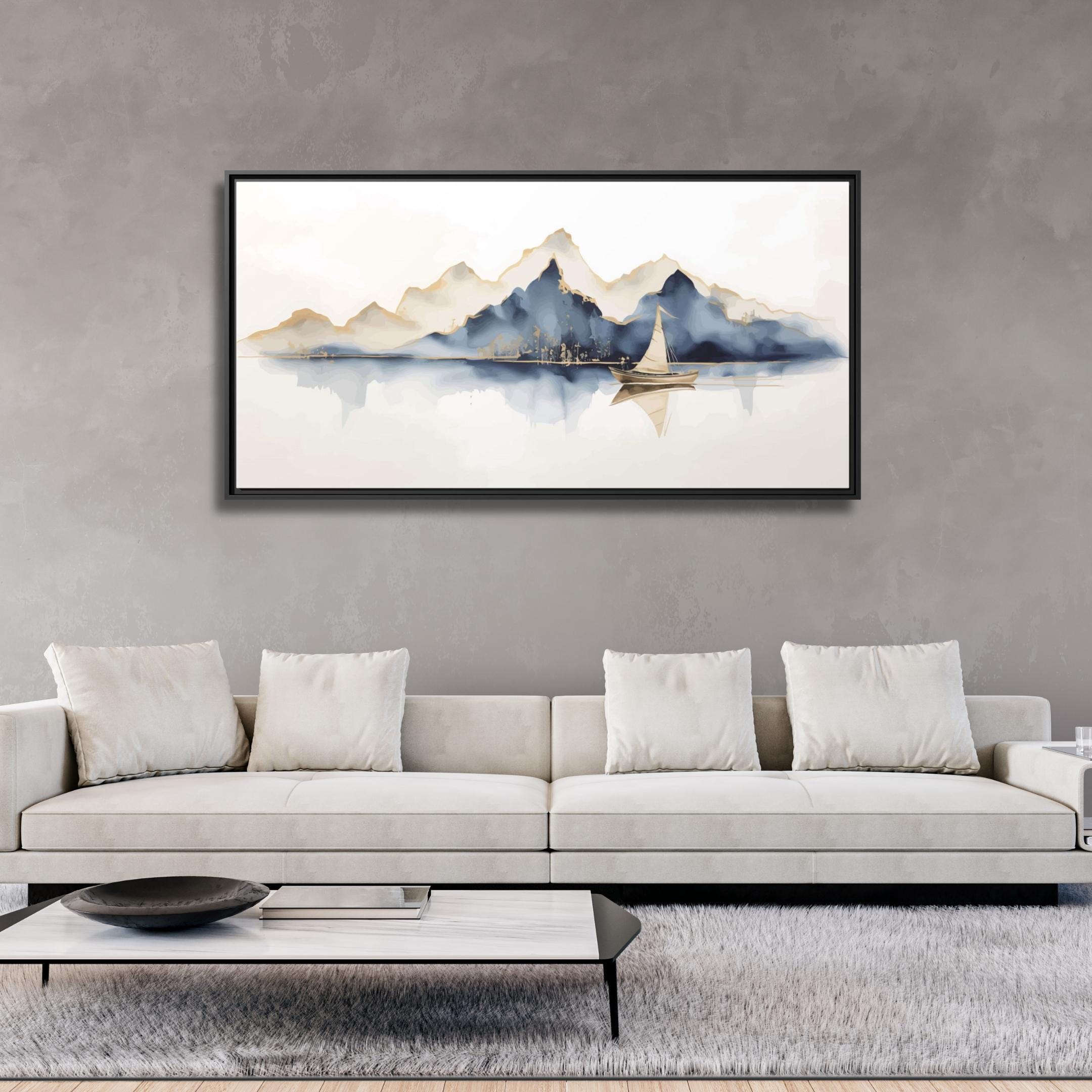 Mountains and Sailboat Watercolor Art - Framed Canvas Wall Art