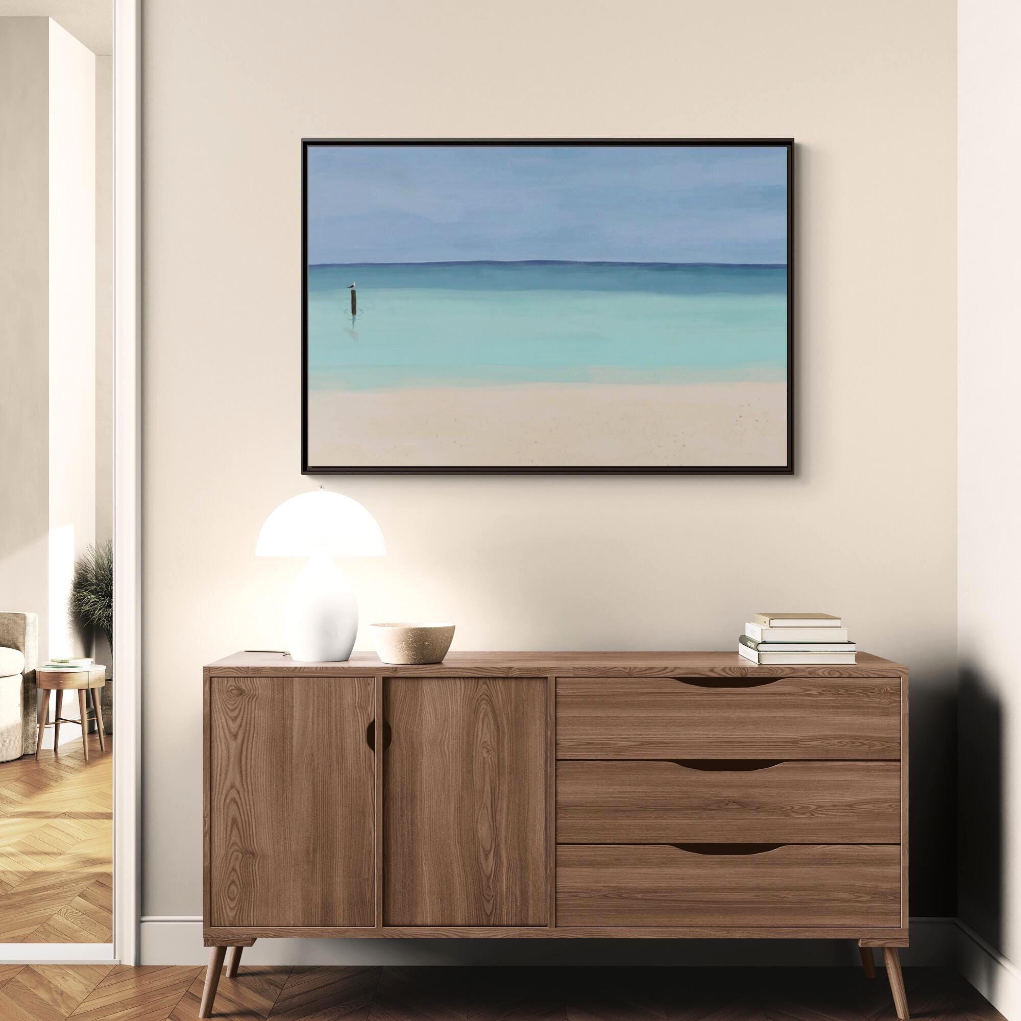 Calm Aqua Seaside Beach Painting - Framed Canvas Wall Art