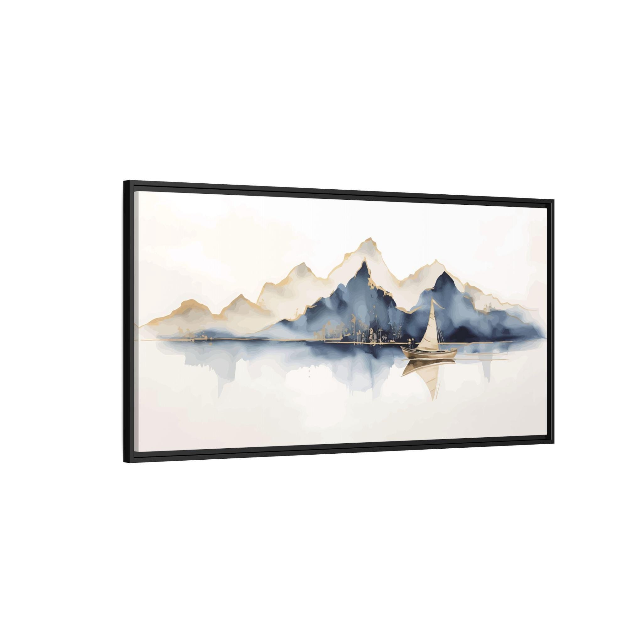 Mountains and Sailboat Watercolor Art - Framed Canvas Wall Art