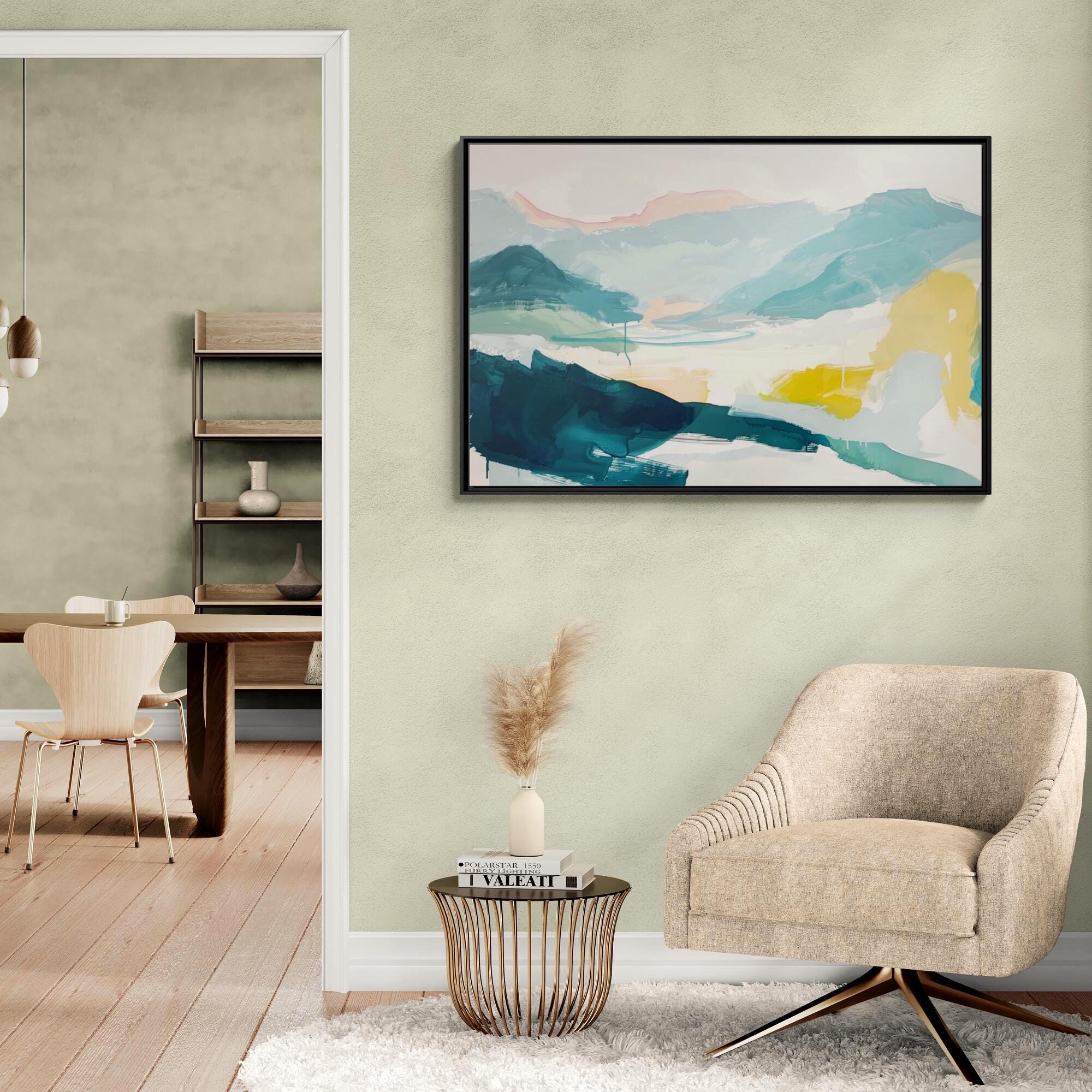 Blue, Teal, and Yellow Abstract Landscape Art - Framed Canvas Wall Art