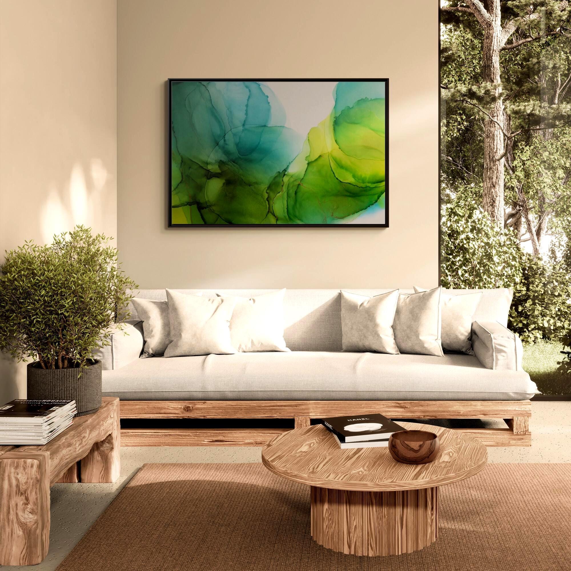 Green and Teal Abstract Ink Art - Framed Canvas Wall Art