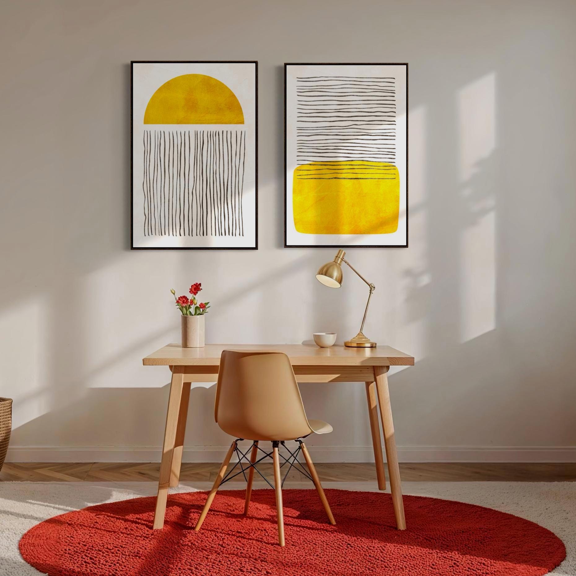 Diptychon Minimalistische abstrakte gelbe Formen Wandkunst – Gerahmte Leinwand-Wandkunst – 2er-Set