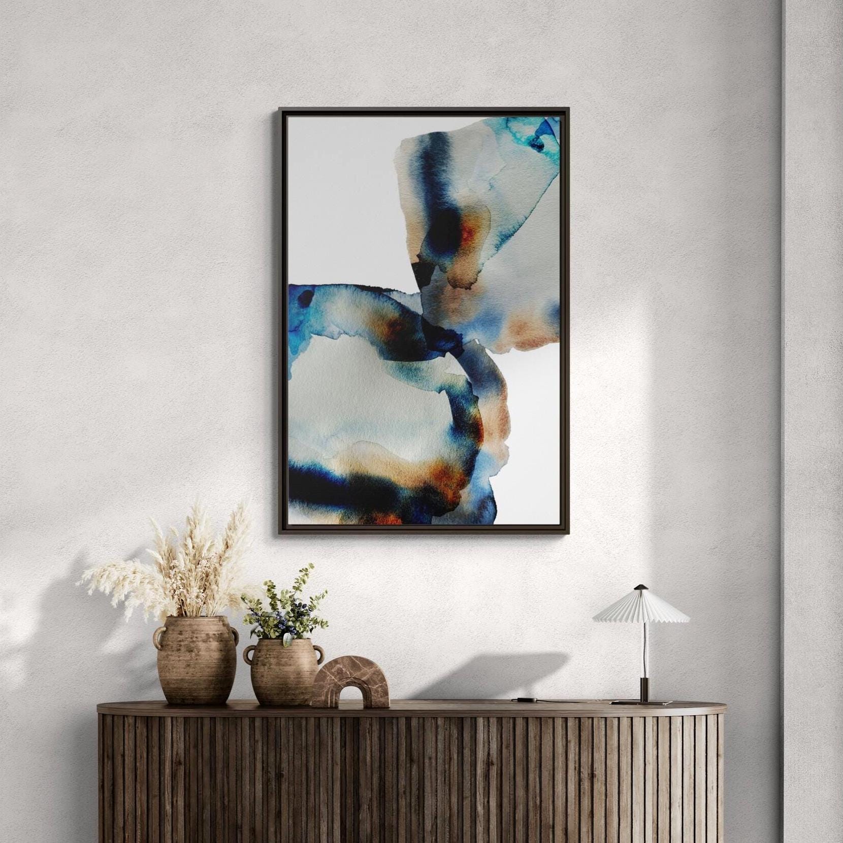 Abstrakte blaue braune Tuschemalerei – Stil A – Gerahmte Leinwand-Wandkunst