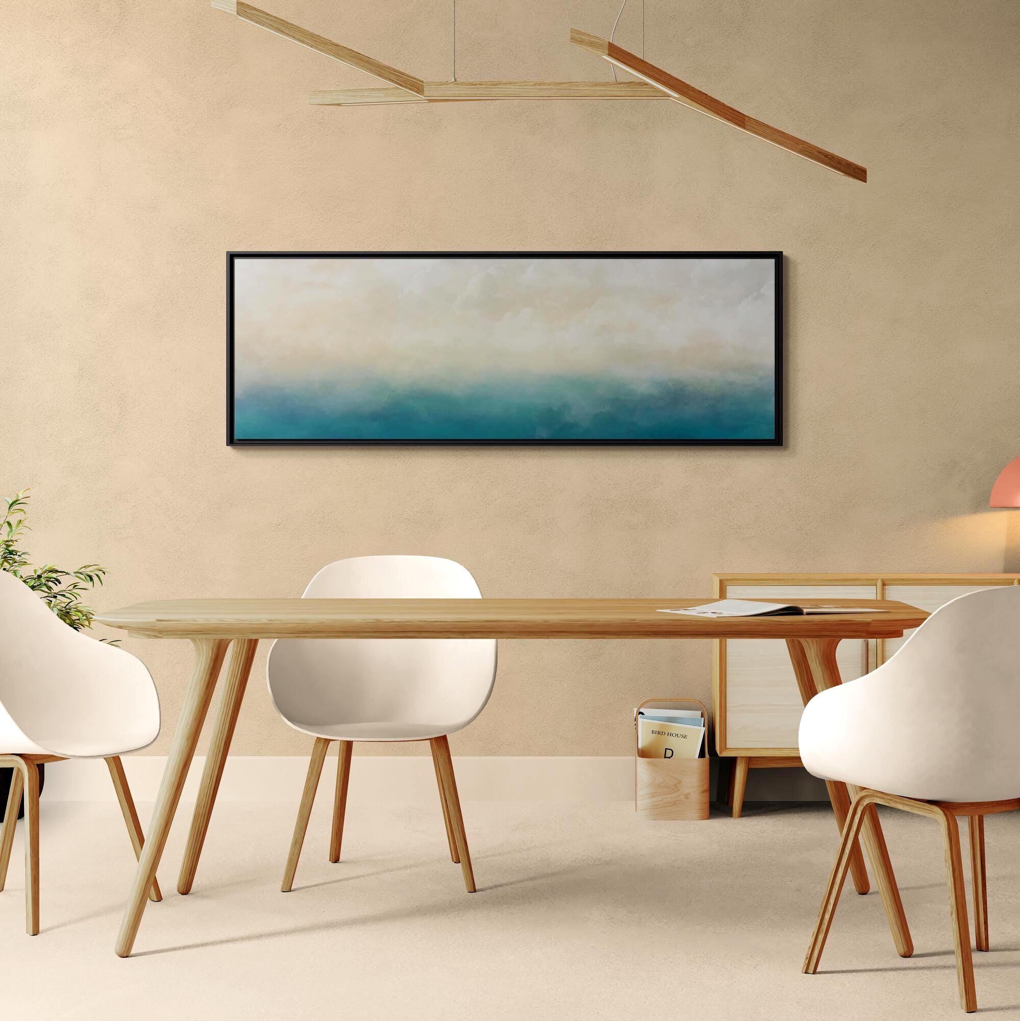 Abstrakte Wandkunst auf Leinwand in Petrol und Ozeanblau – Gerahmt