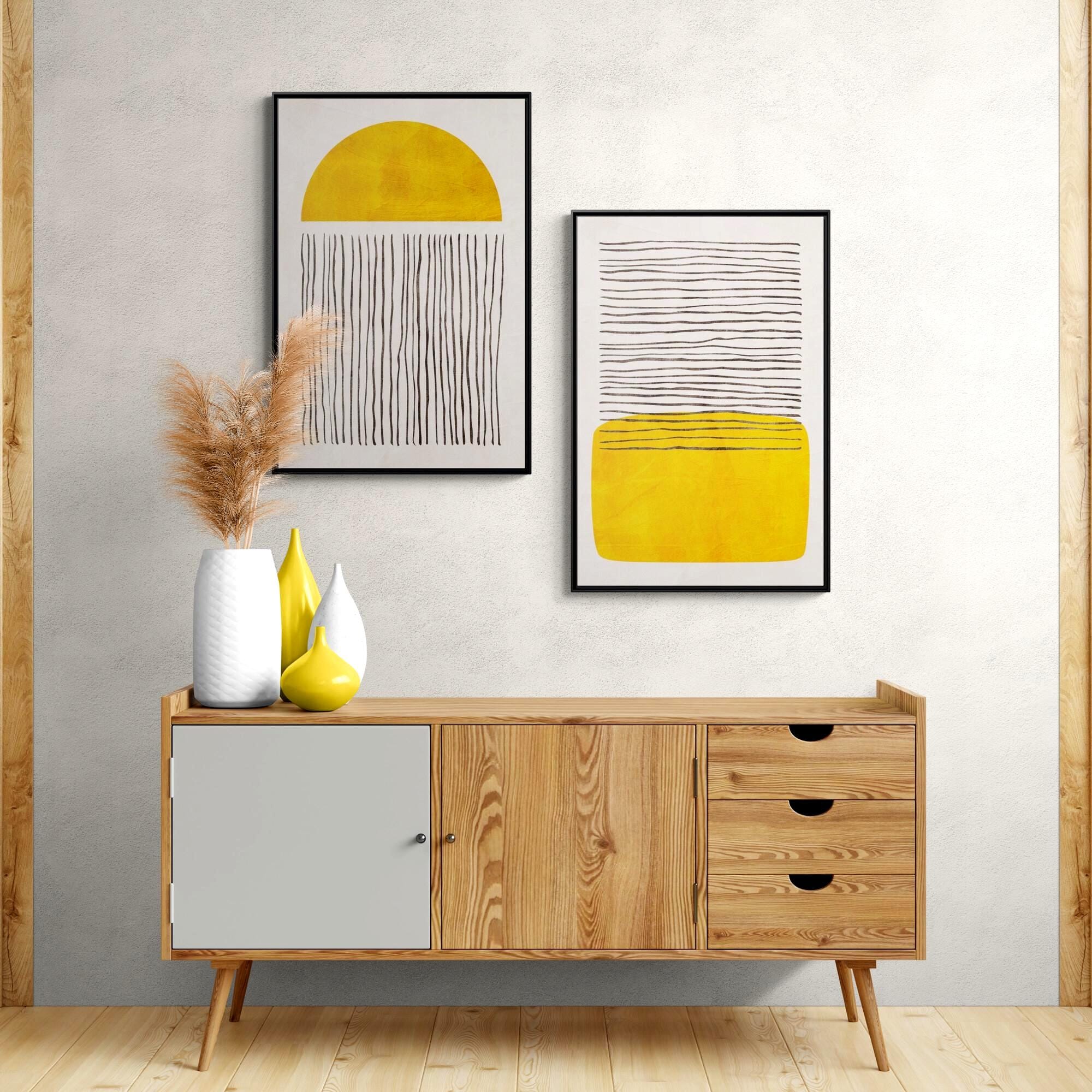 Diptychon Minimalistische abstrakte gelbe Formen Wandkunst – Gerahmte Leinwand-Wandkunst – 2er-Set
