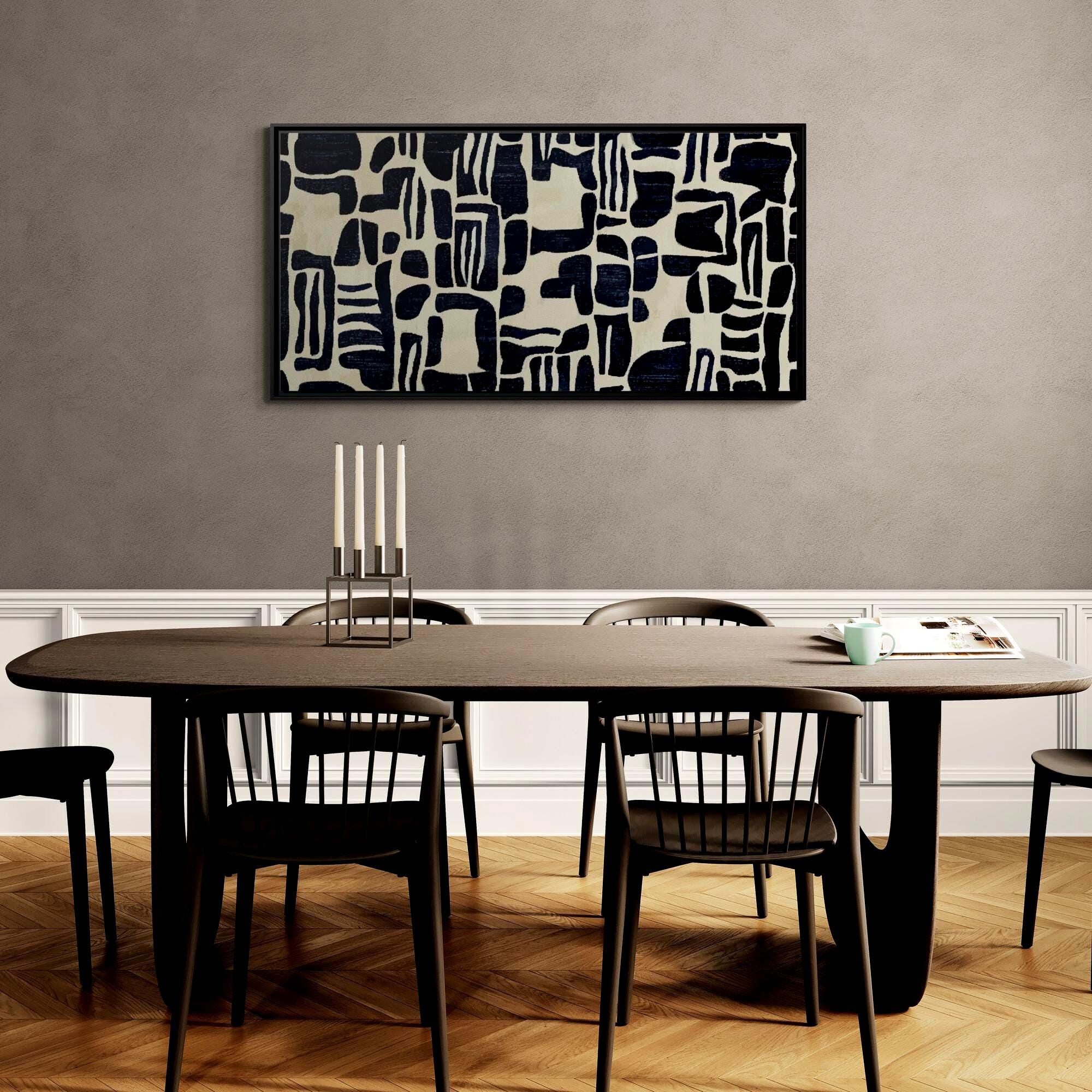 Zeitgenössisches abstraktes Muster in Indigo und Elfenbein – gerahmte Leinwand-Wandkunst