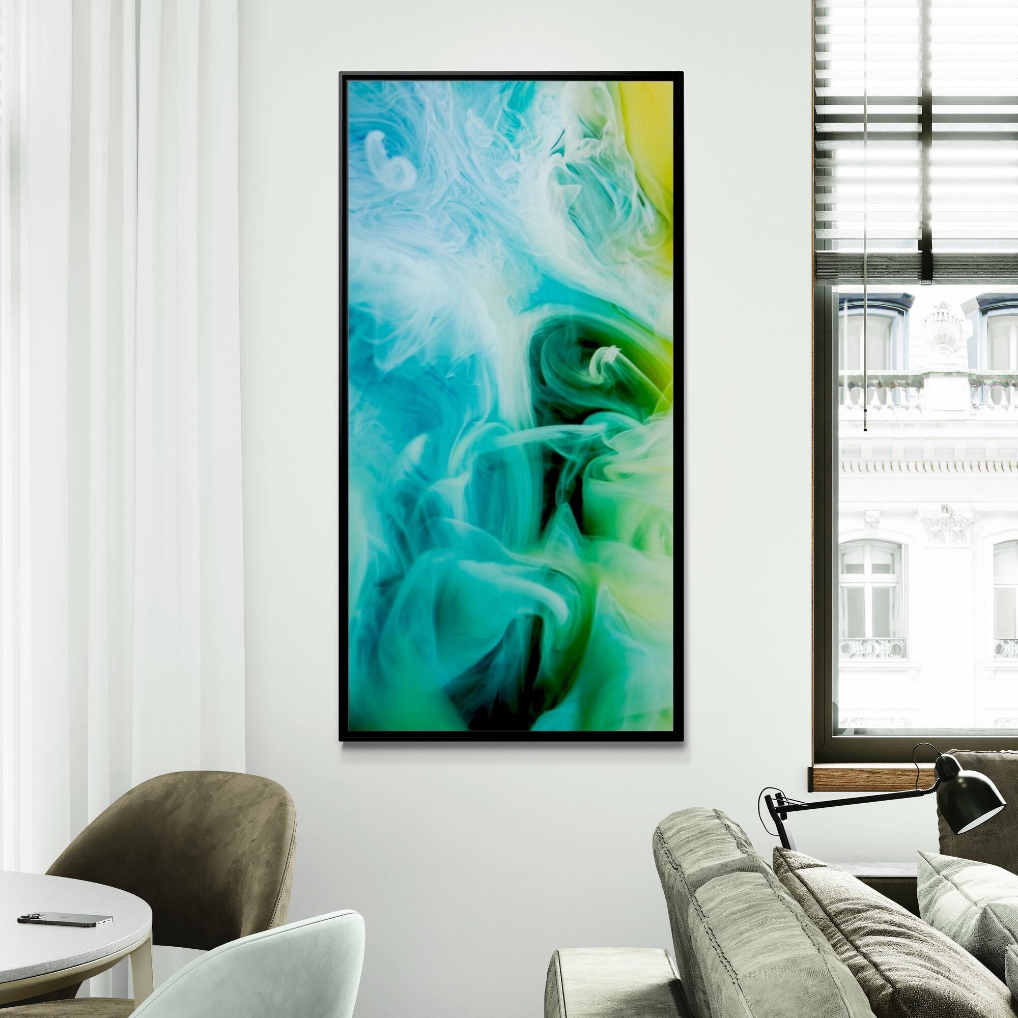 Teal and Green Smoke Abstract Framed Canvas Wall Art