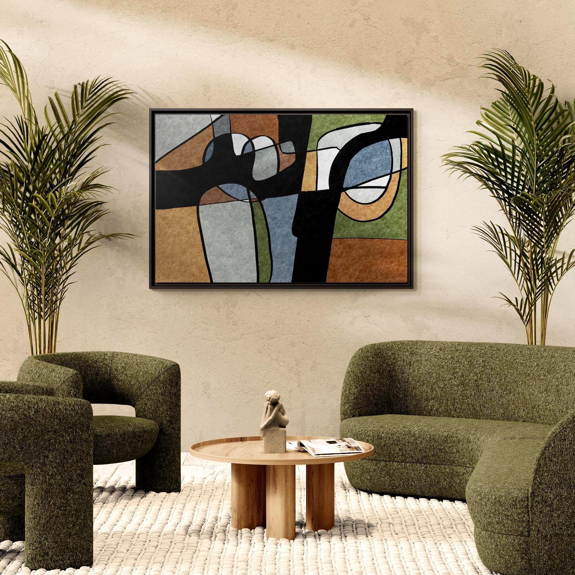 Abstrakte Geometrische Linienkunst – Farbblöcke im Mid-Century-Stil – Gerahmtes Leinwandbild