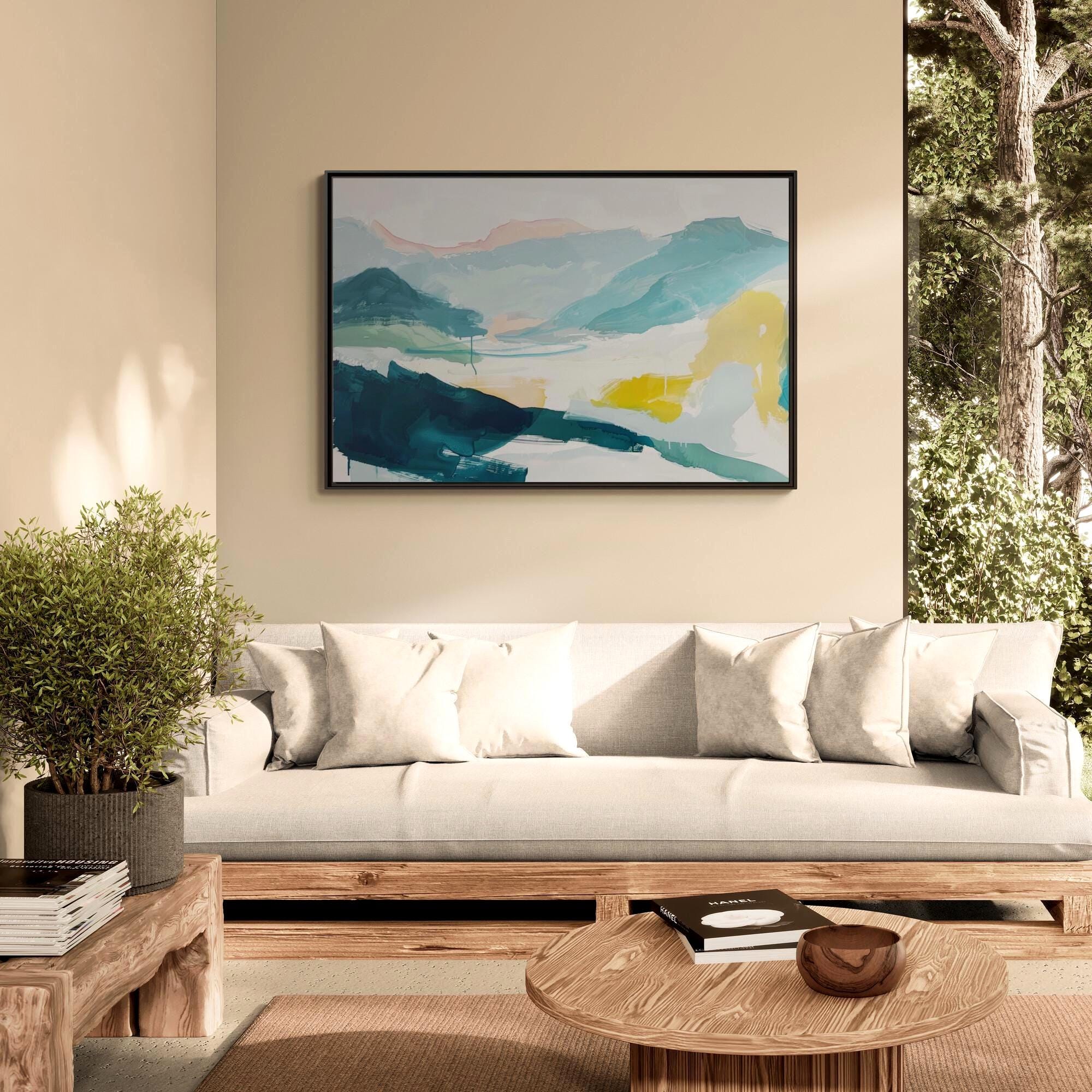Blue, Teal, and Yellow Abstract Landscape Art - Framed Canvas Wall Art