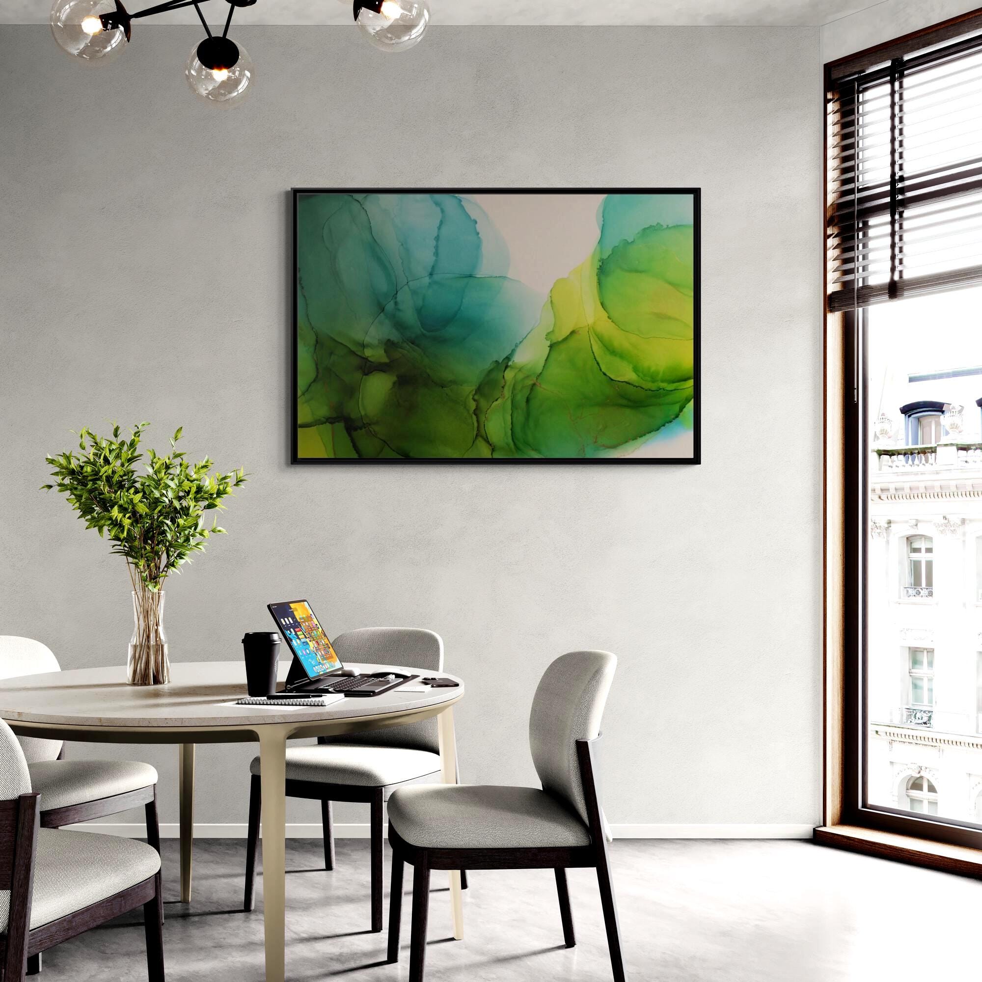 Green and Teal Abstract Ink Art - Framed Canvas Wall Art