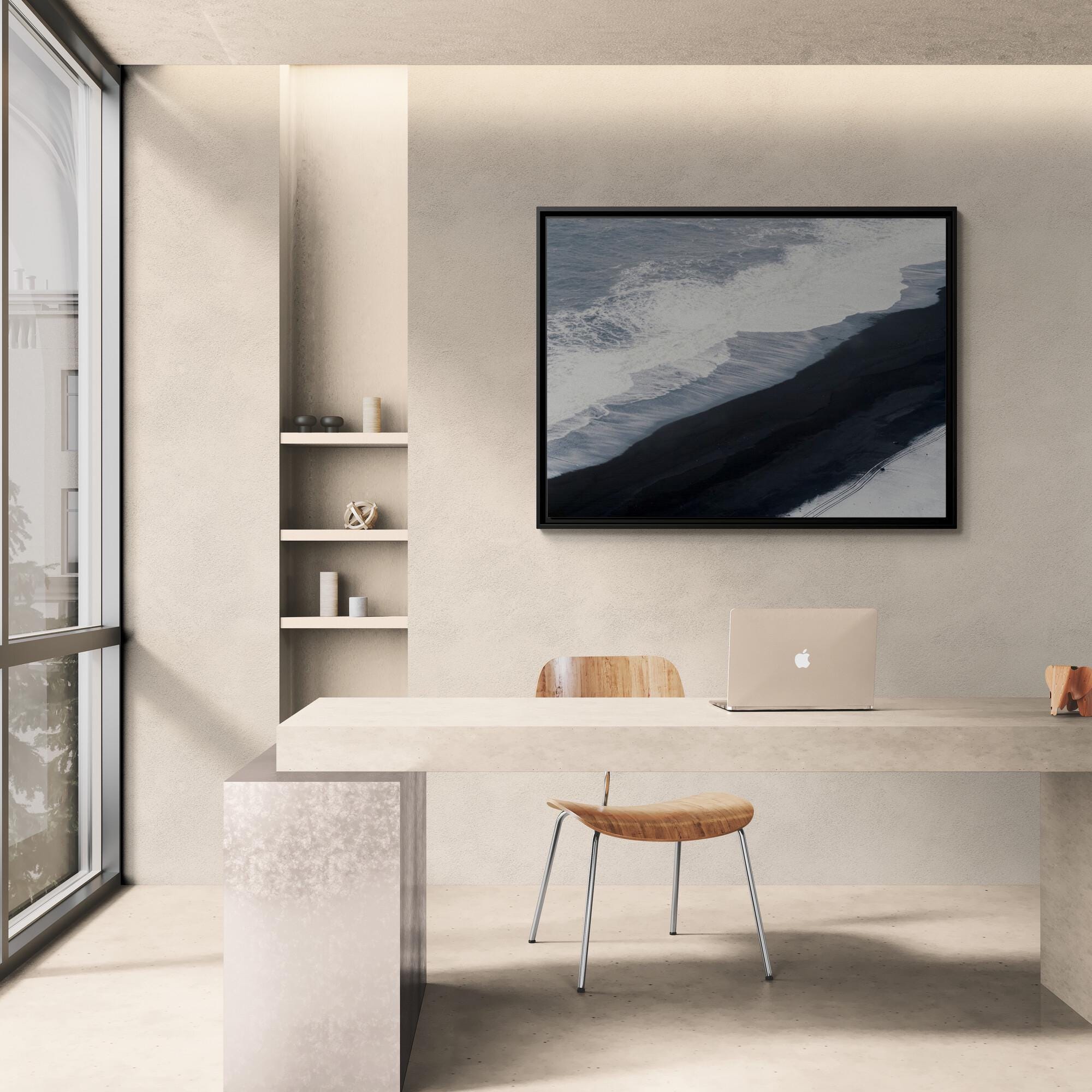 Aerial Black Sand Beach – Framed Canvas Wall Art