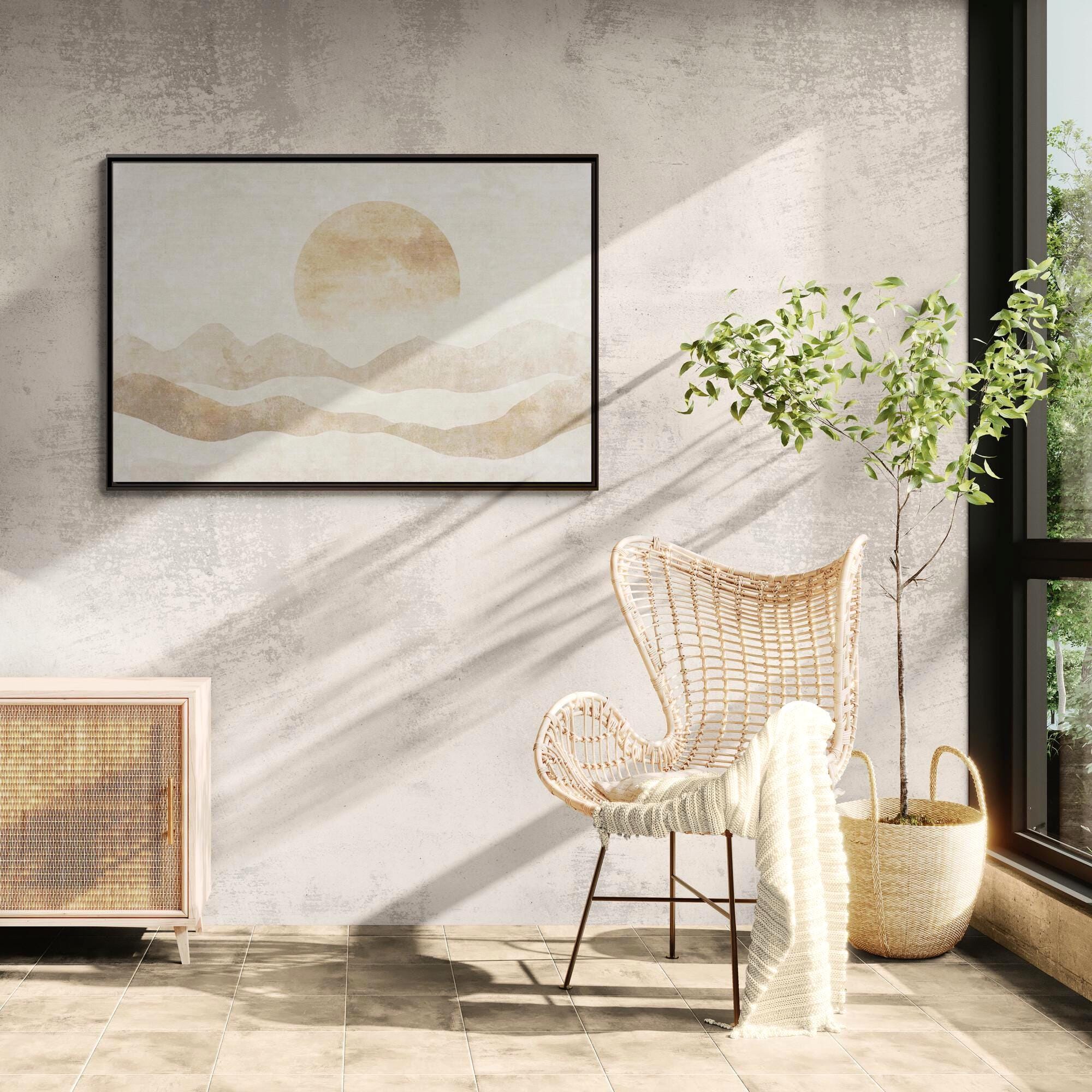 Neutral Abstract Sun Over Layered Hills - Framed Canvas Wall Art