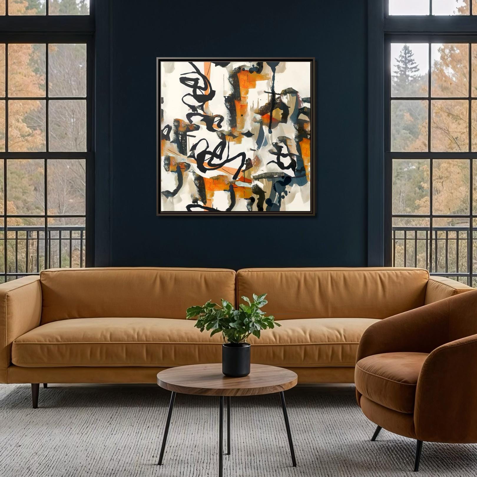 Abstrakte Komposition aus orangen, blauen und beigefarbenen Pinselstrichen – gerahmte Leinwand-Wandkunst