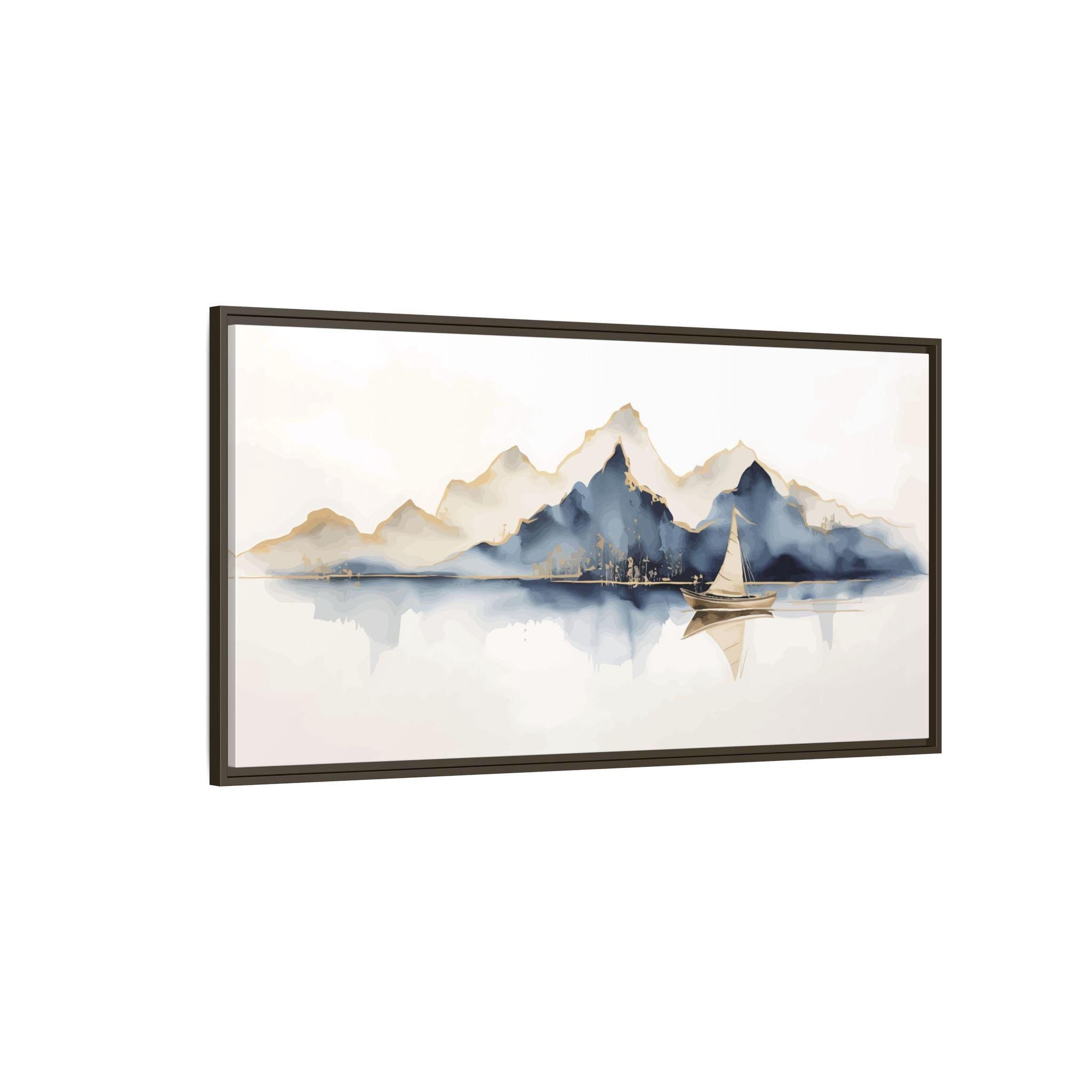 Mountains and Sailboat Watercolor Art - Framed Canvas Wall Art