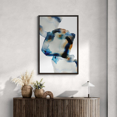 Abstract Blue Brown Ink Wash Art - Style B - Framed Canvas Wall Art