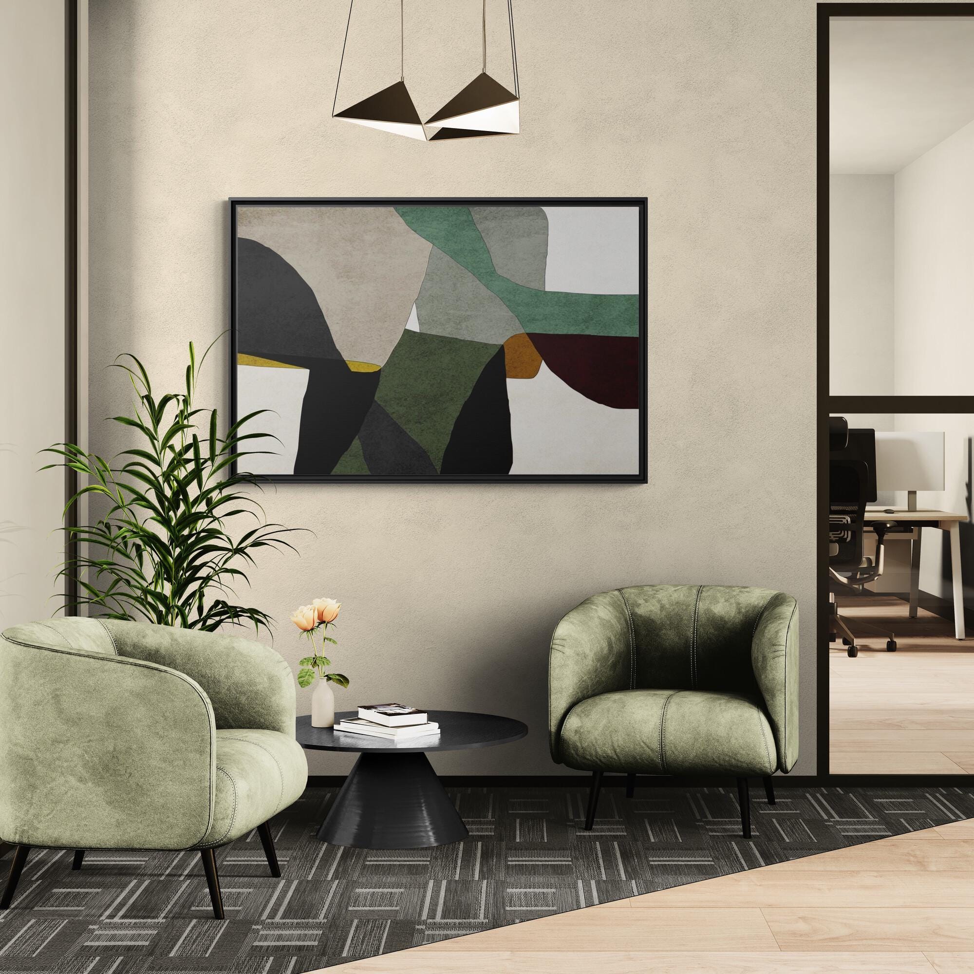 Green, Gray and Beige Abstract Color Block Framed Canvas Art