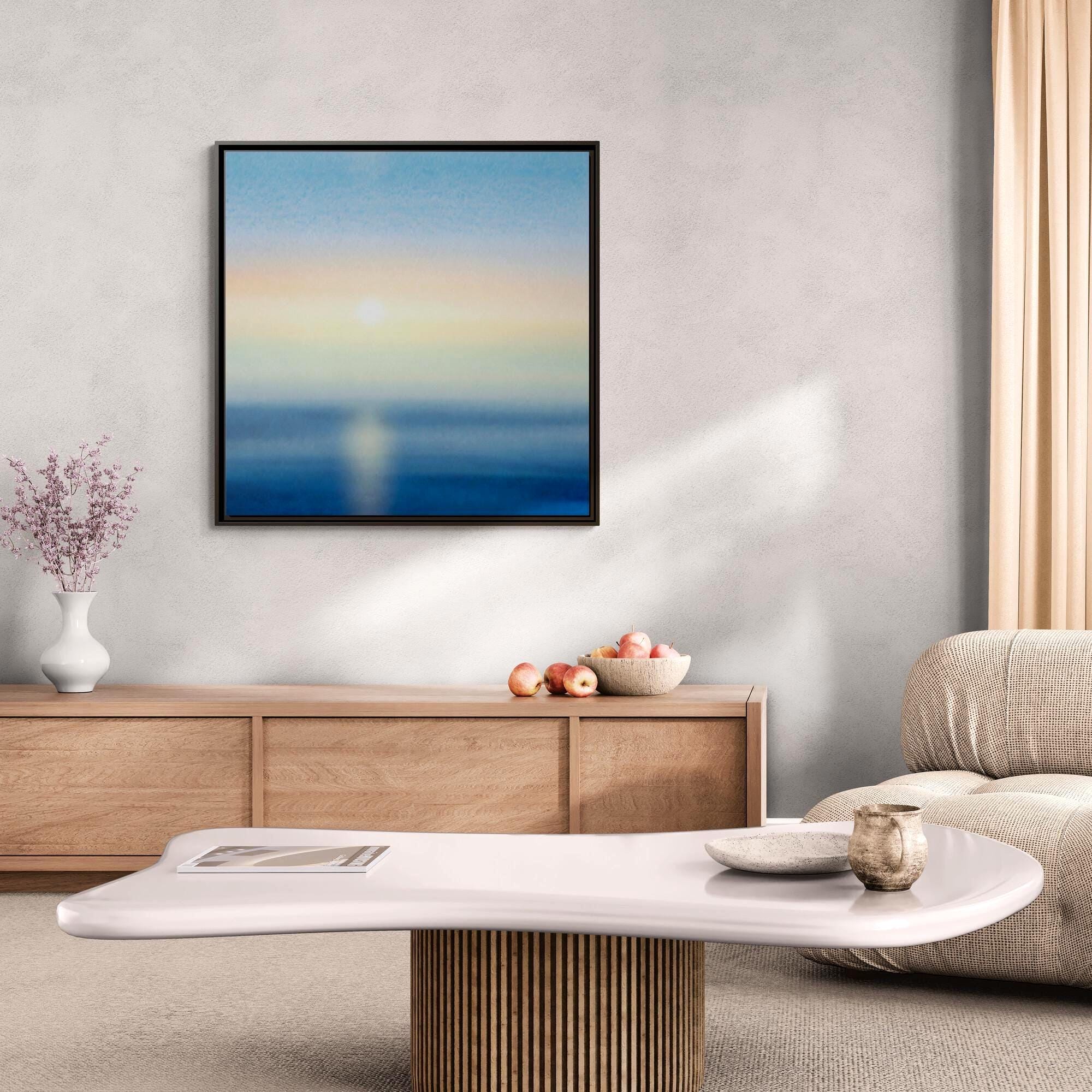 Ocean Sunrise Watercolor Seascape Art - Framed Canvas Wall Art
