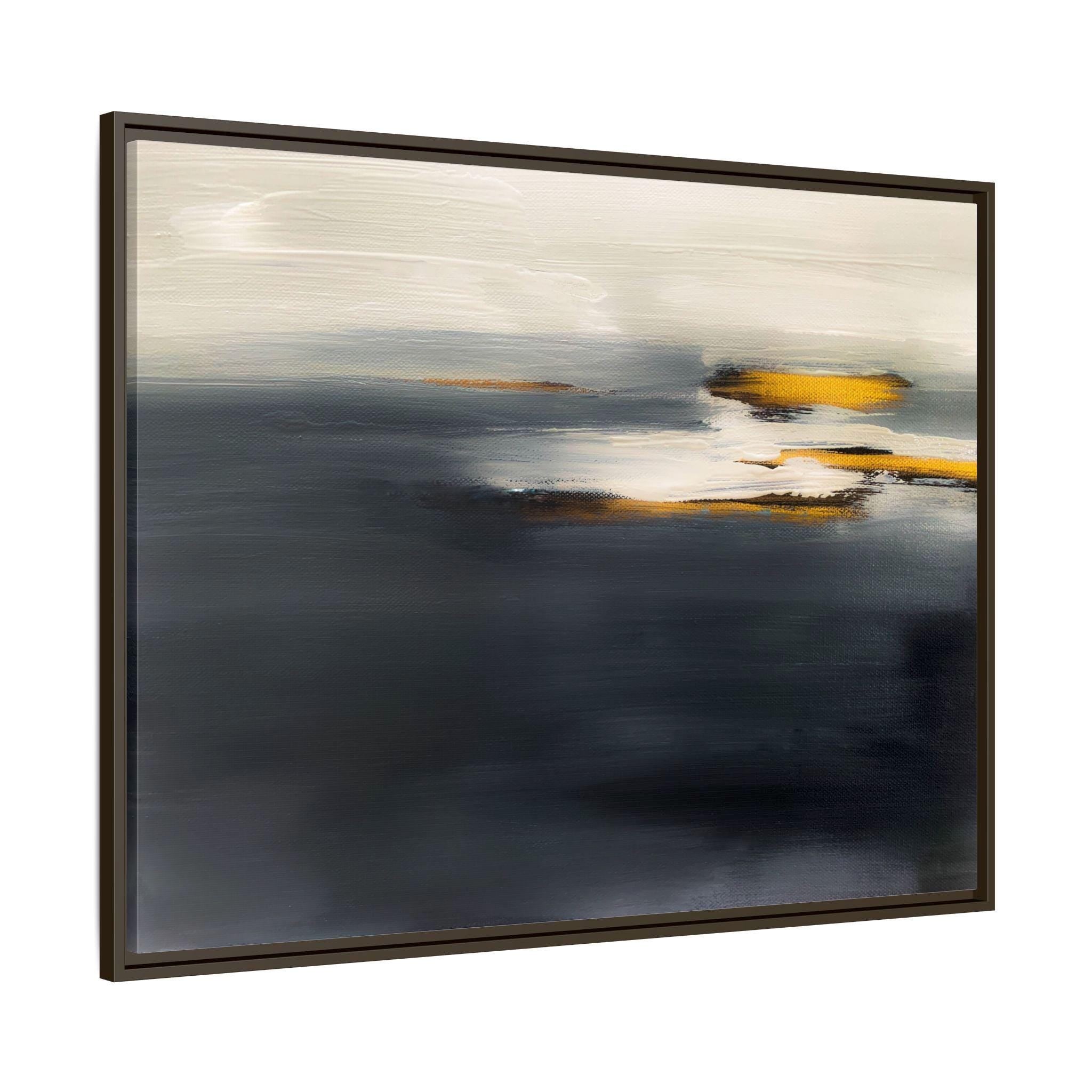 Abstrakter Grau-Gold Küstenhorizont – Gerahmtes Leinwandbild