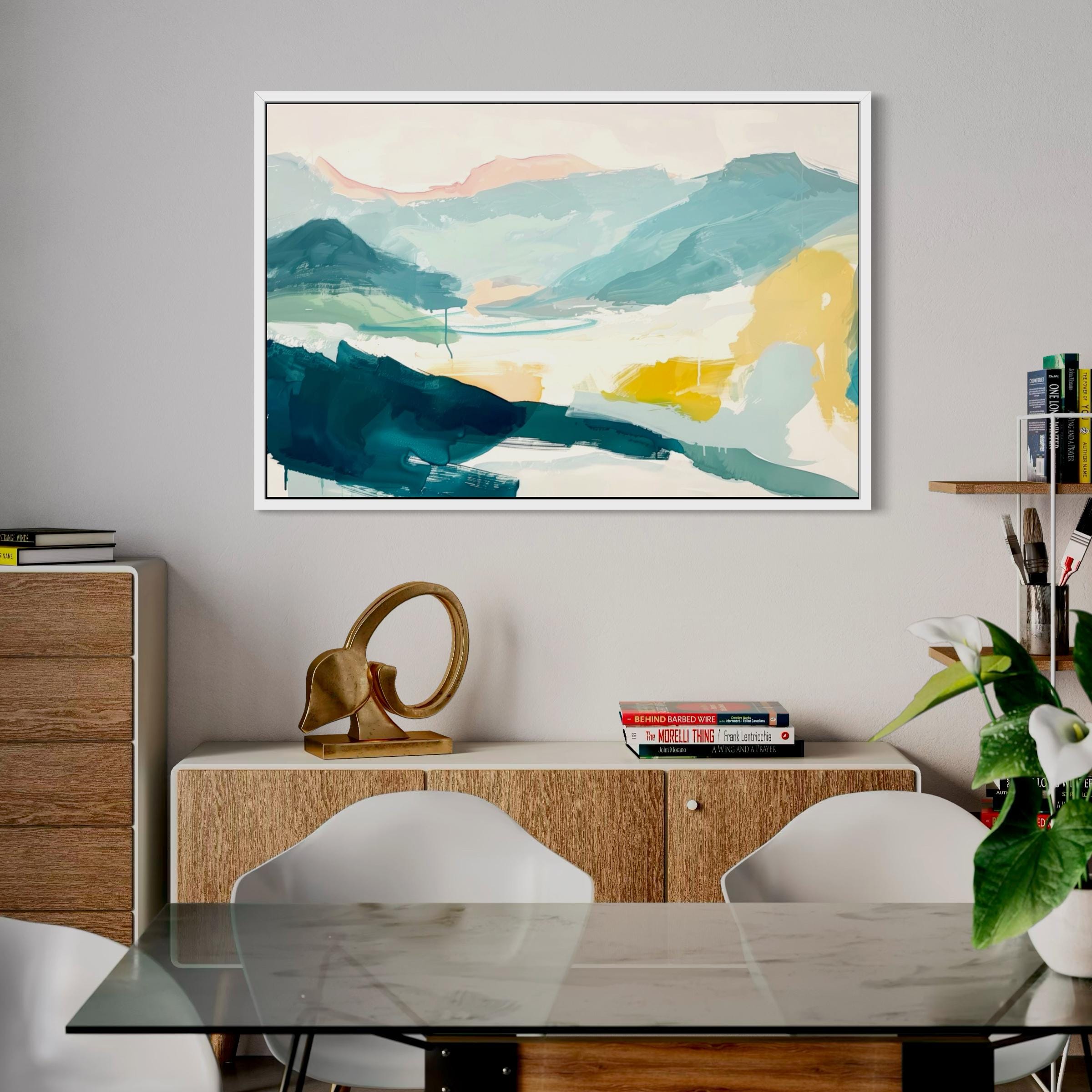 Blue, Teal, and Yellow Abstract Landscape Art - Framed Canvas Wall Art