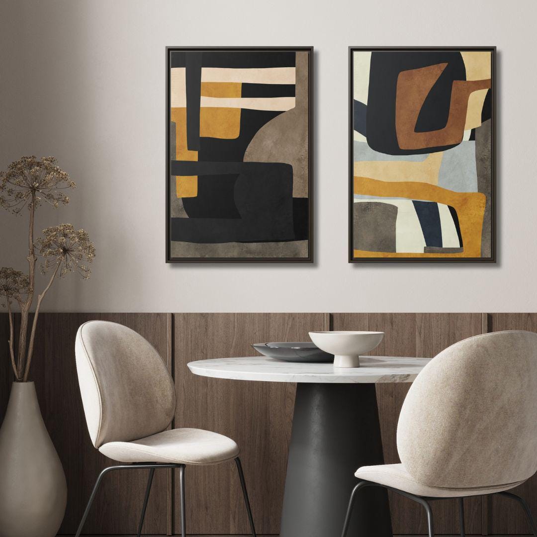 Diptych Senf, Blau und Grau Geometrische Kunst – Gerahmte Leinwandbilder – 2er-Set