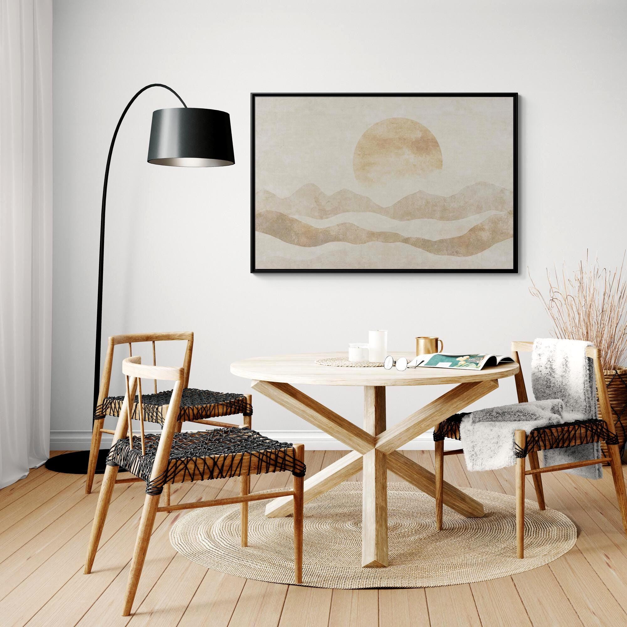 Neutral Abstract Sun Over Layered Hills - Framed Canvas Wall Art