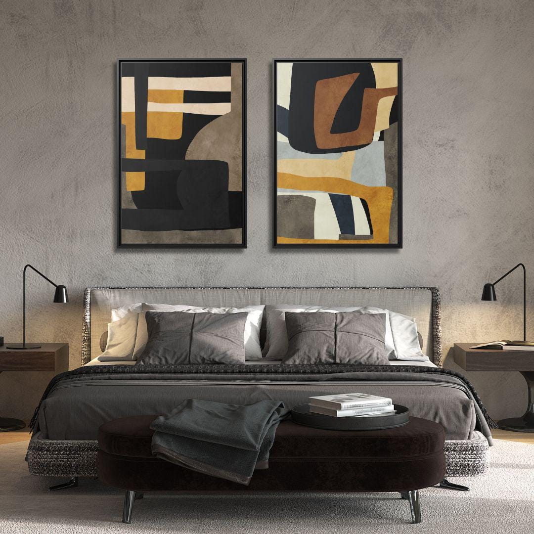 Diptych Senf, Blau und Grau Geometrische Kunst – Gerahmte Leinwandbilder – 2er-Set