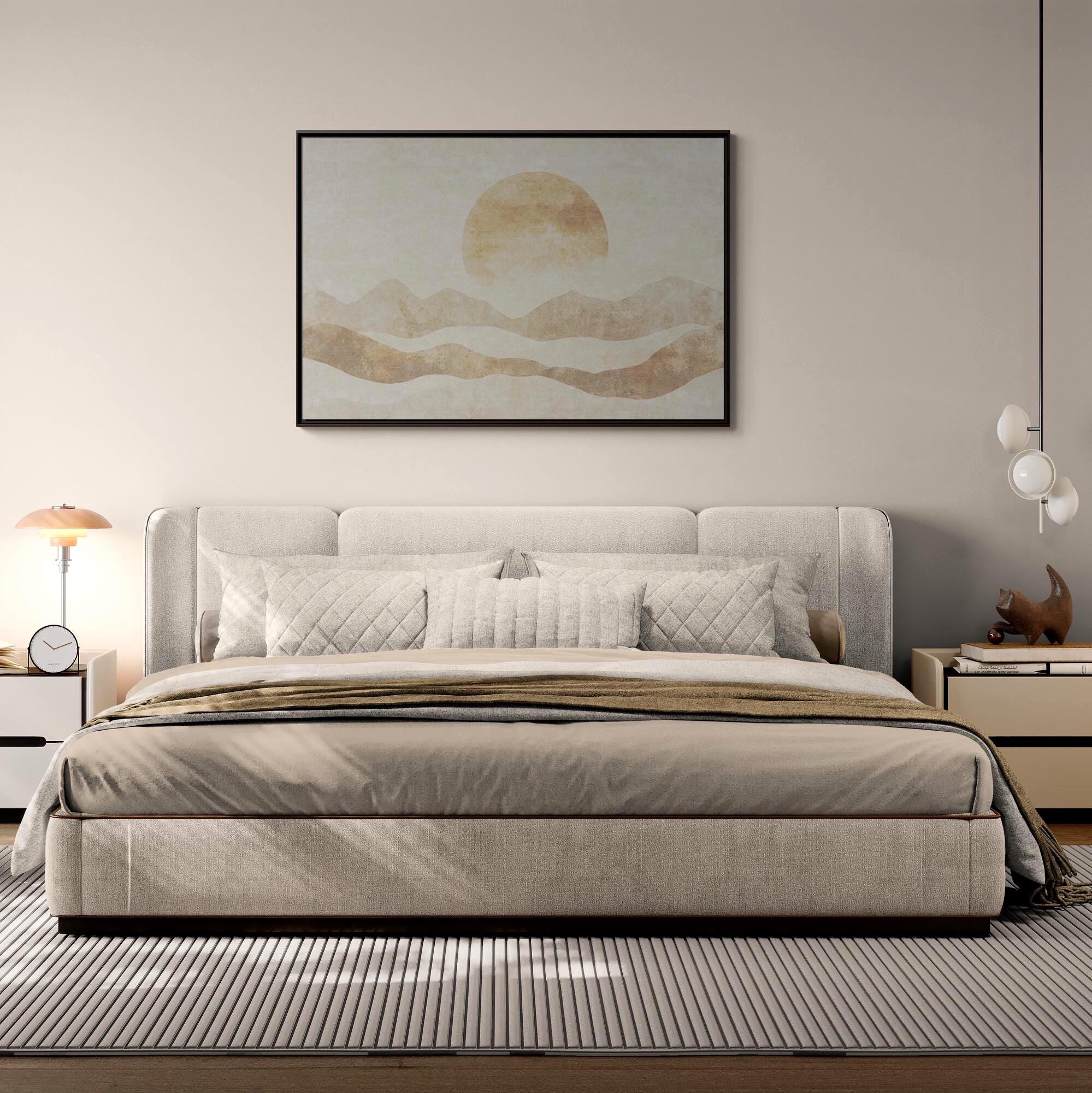 Neutral Abstract Sun Over Layered Hills - Framed Canvas Wall Art