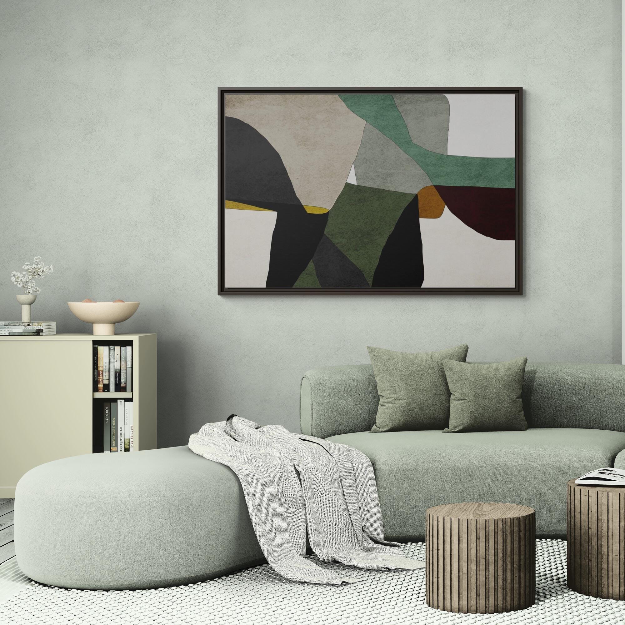 Green, Gray and Beige Abstract Color Block Framed Canvas Art