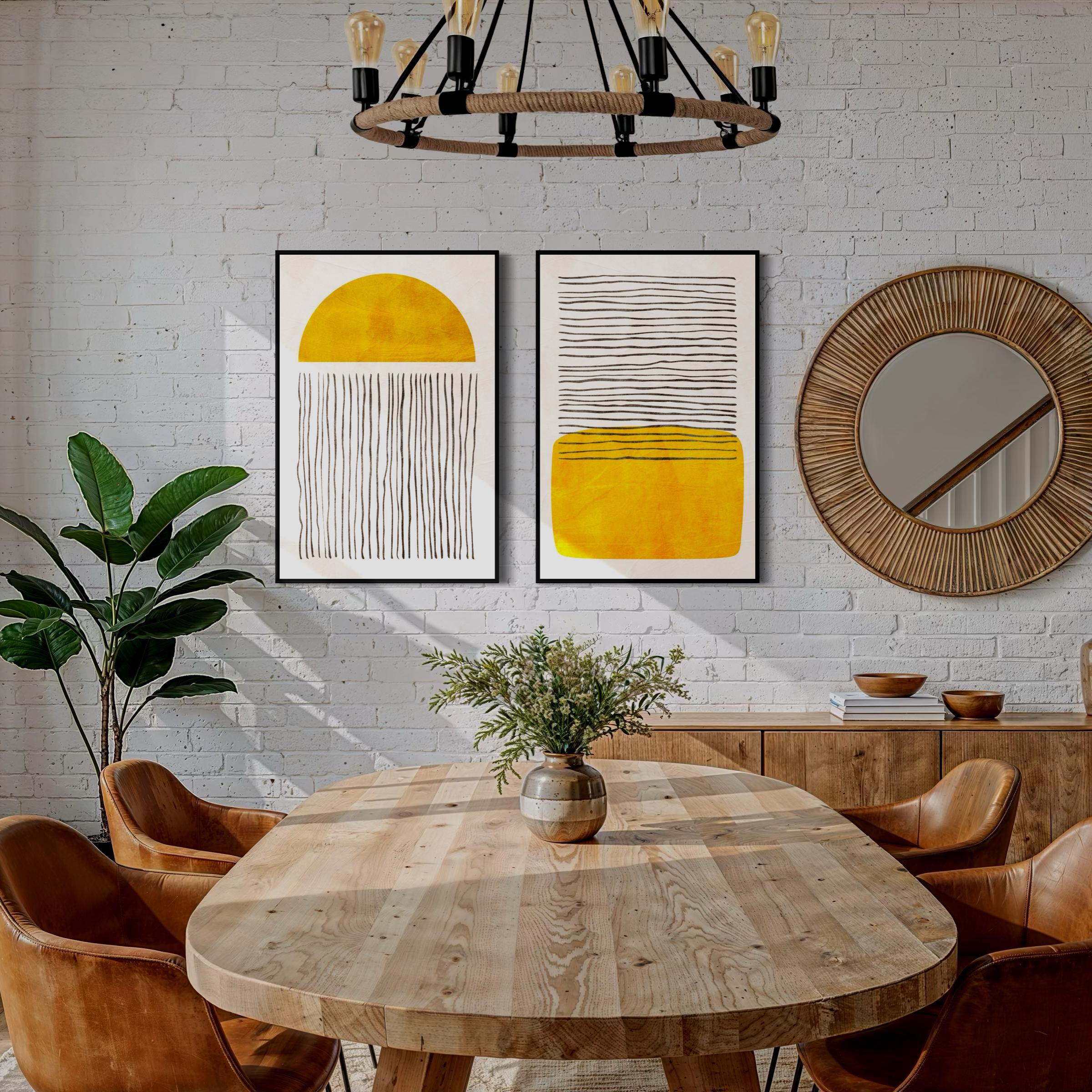 Diptychon Minimalistische abstrakte gelbe Formen Wandkunst – Gerahmte Leinwand-Wandkunst – 2er-Set