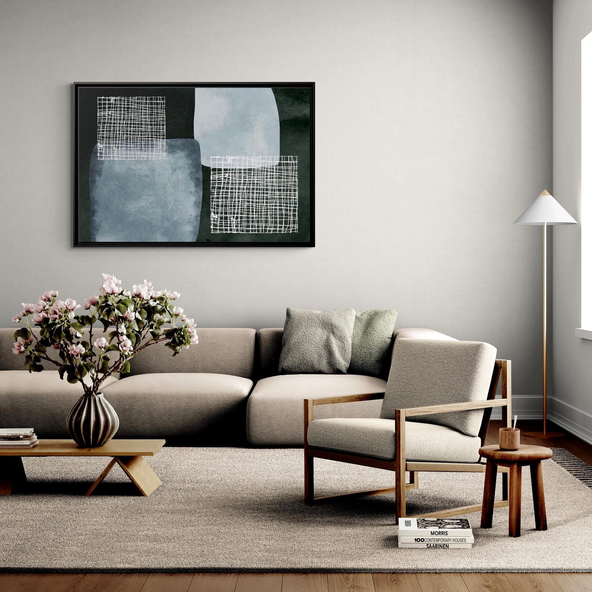 Abstrakte minimalistische blaue Formen – gerahmte Leinwand-Wandkunst