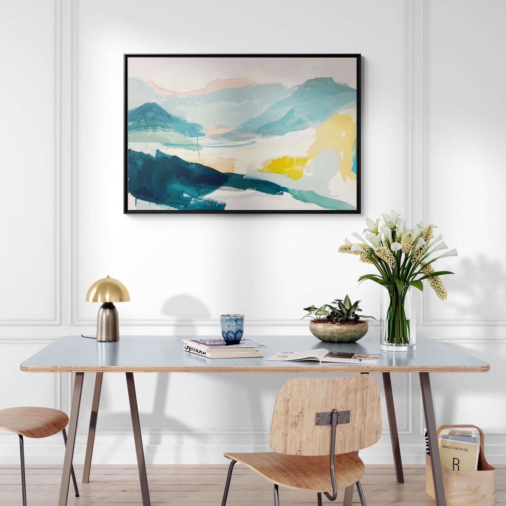 Blue, Teal, and Yellow Abstract Landscape Art - Framed Canvas Wall Art