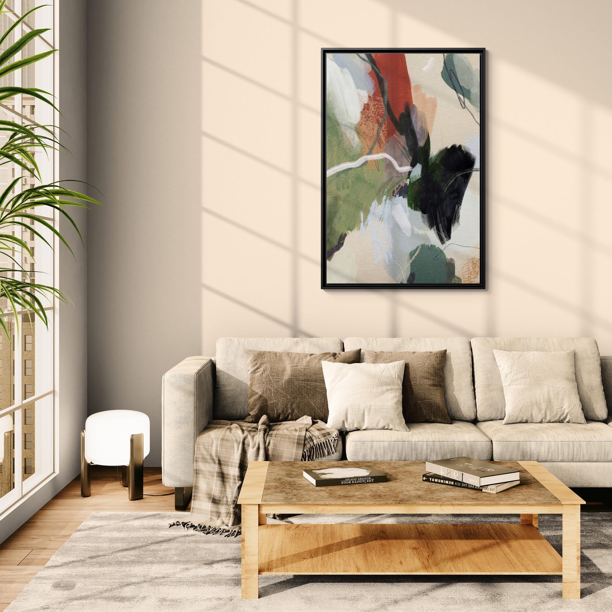 Green, Beige and Rust Abstract Brushstroke Art - Framed Canvas Wall Art