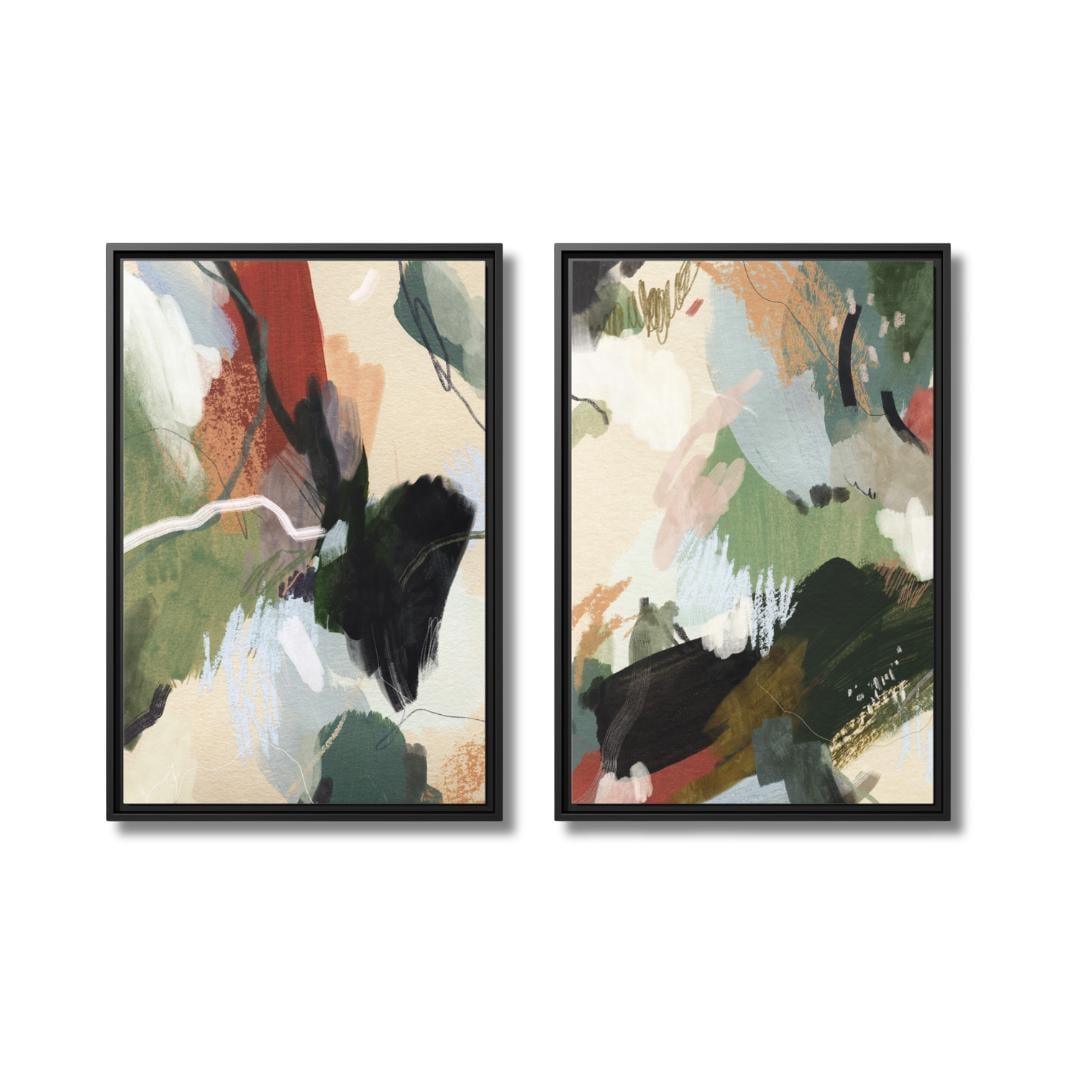 Diptych Green, Beige, Blush Brushstrokes Abstract Art - Framed Canvas Wall Art - Set of 2