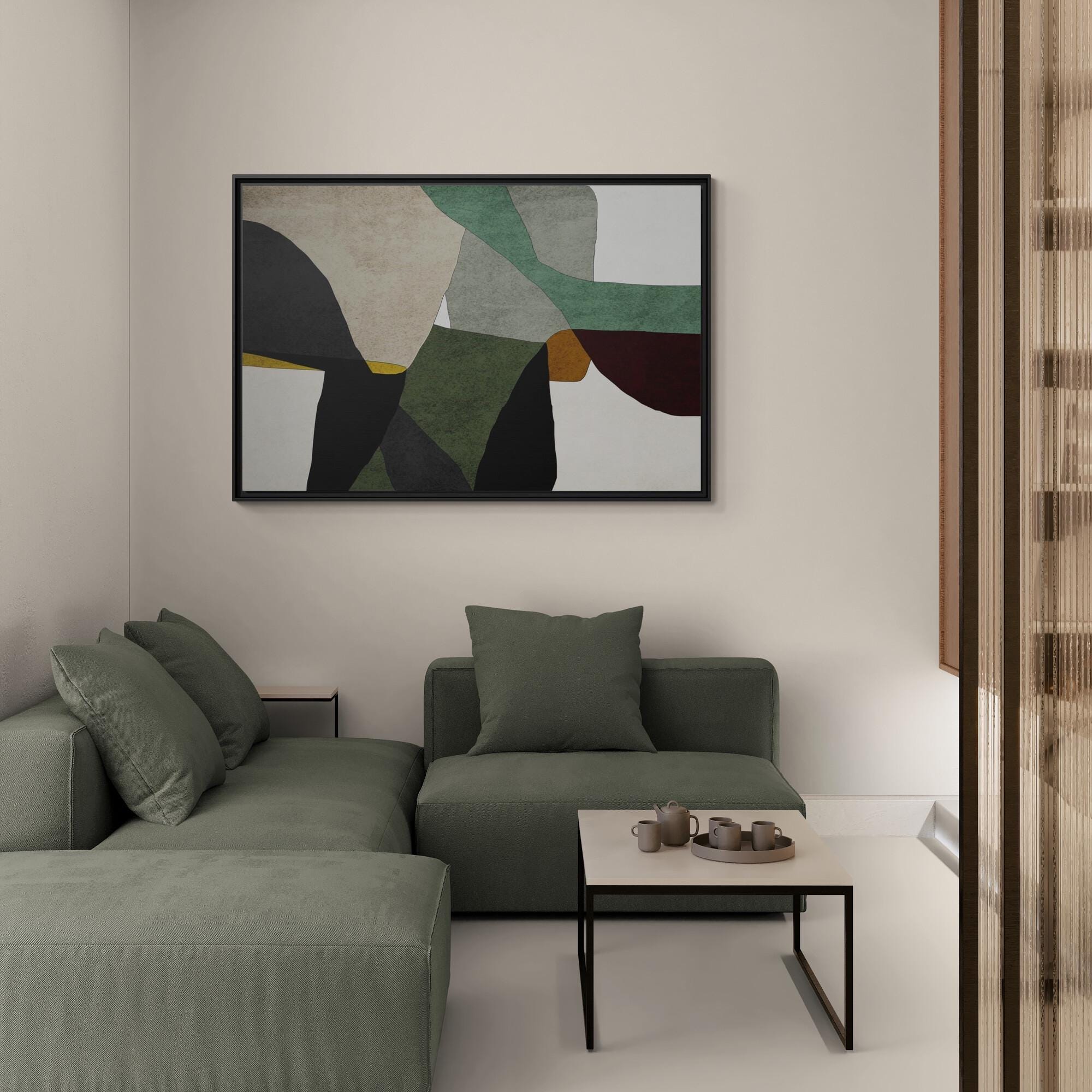 Green, Gray and Beige Abstract Color Block Framed Canvas Art
