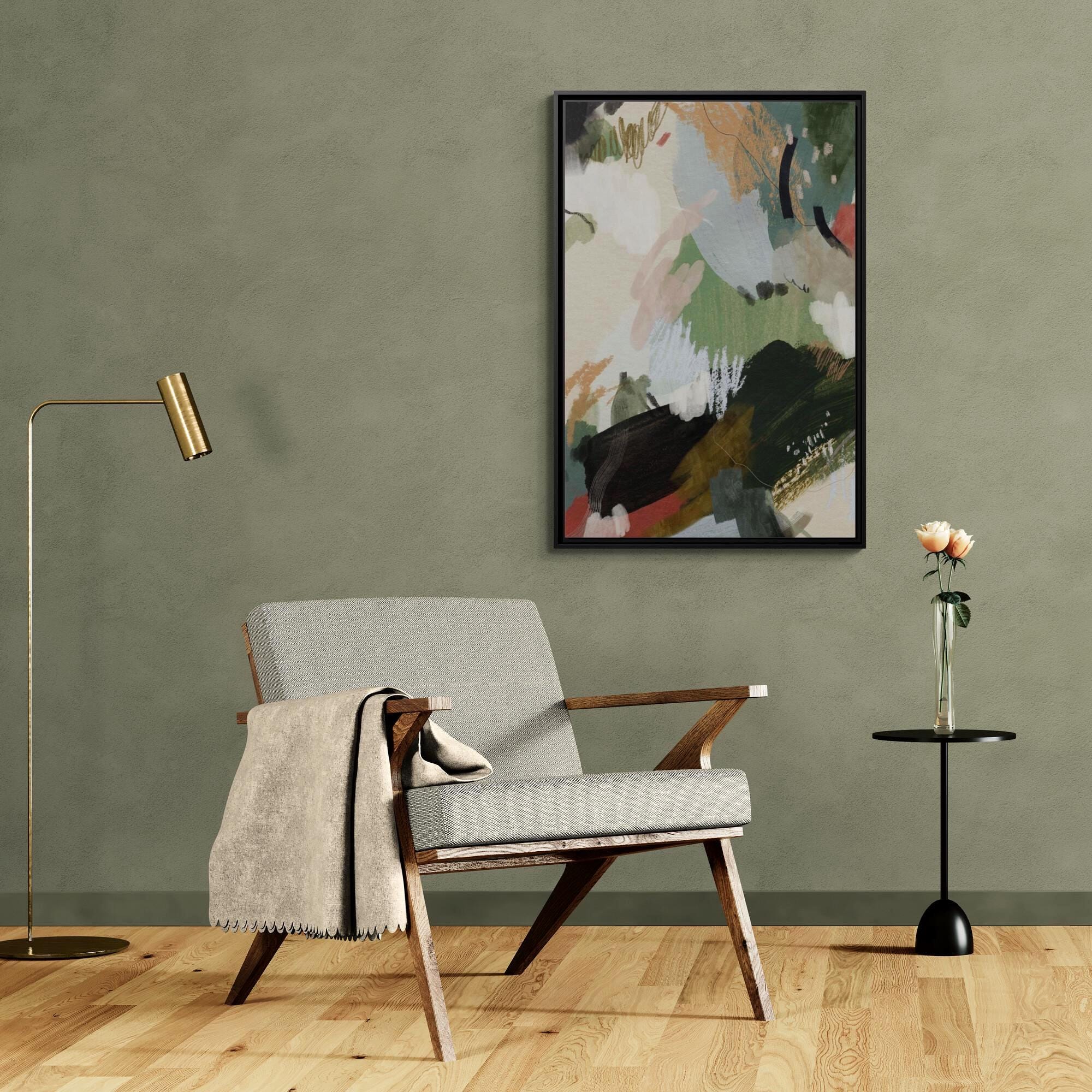 Green, Beige and Blush Abstract Brushstroke Art - Framed Canvas Wall Art