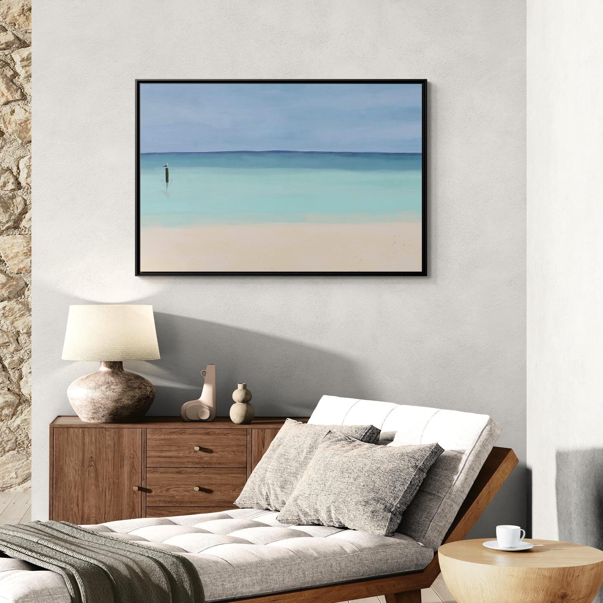 Calm Aqua Seaside Beach Painting - Framed Canvas Wall Art