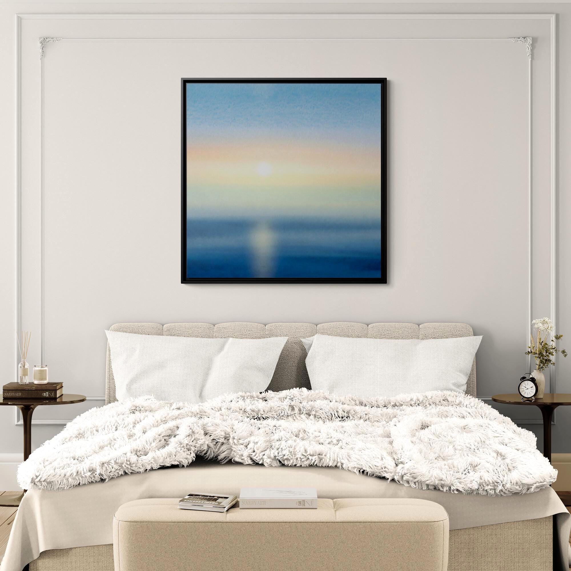 Ocean Sunrise Watercolor Seascape Art - Framed Canvas Wall Art