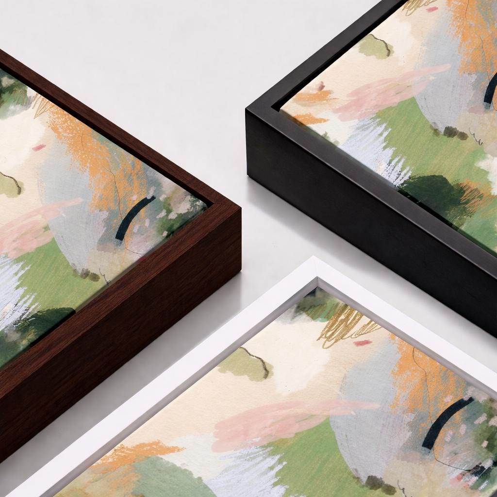 Diptych Green, Beige, Blush Brushstrokes Abstract Art - Framed Canvas Wall Art - Set of 2