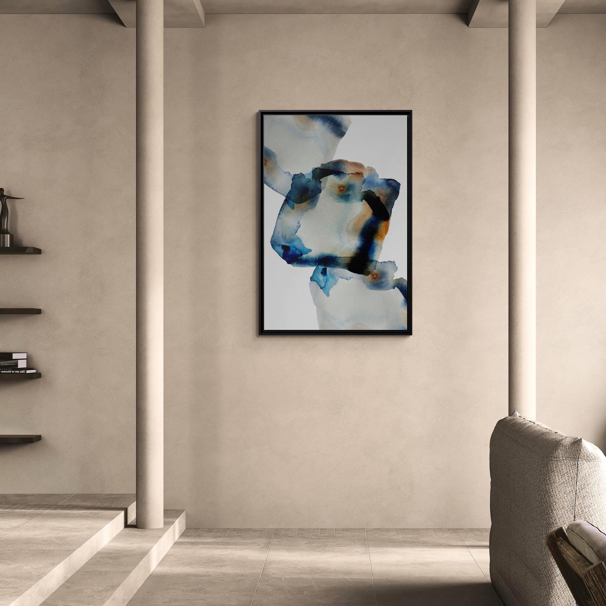 Abstrakte Kunst in Blau-Braun mit Tuschewaschung – Stil B – Gerahmte Leinwand-Wandkunst
