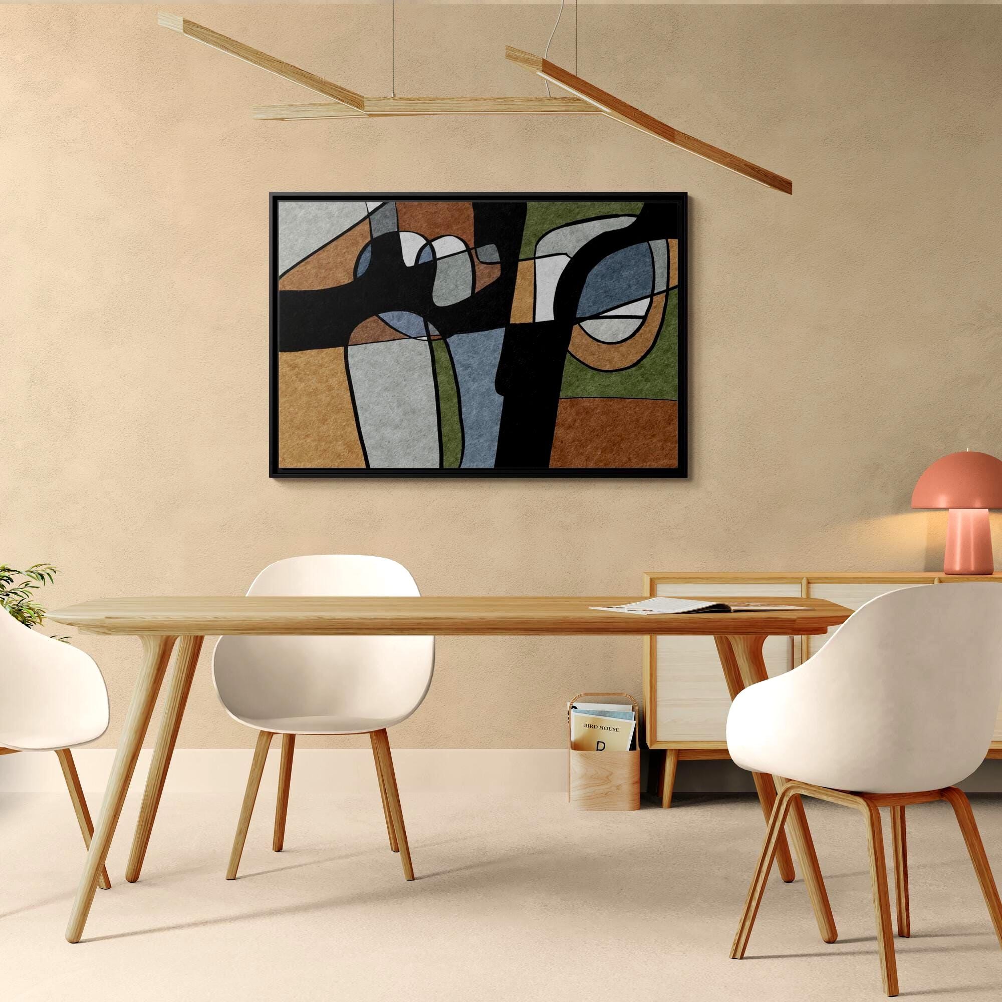 Abstrakte Geometrische Linienkunst – Farbblöcke im Mid-Century-Stil – Gerahmtes Leinwandbild
