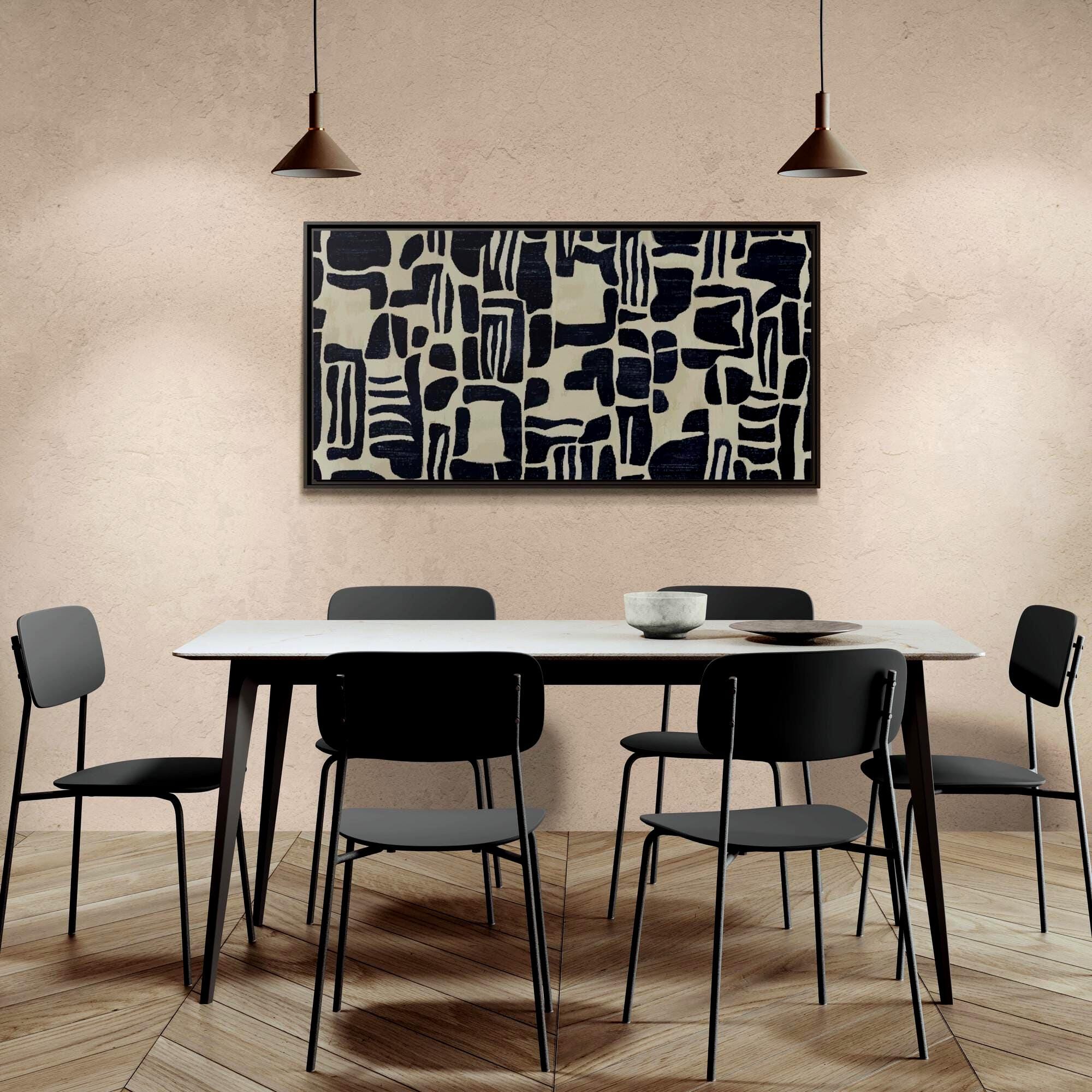 Zeitgenössisches abstraktes Muster in Indigo und Elfenbein – gerahmte Leinwand-Wandkunst