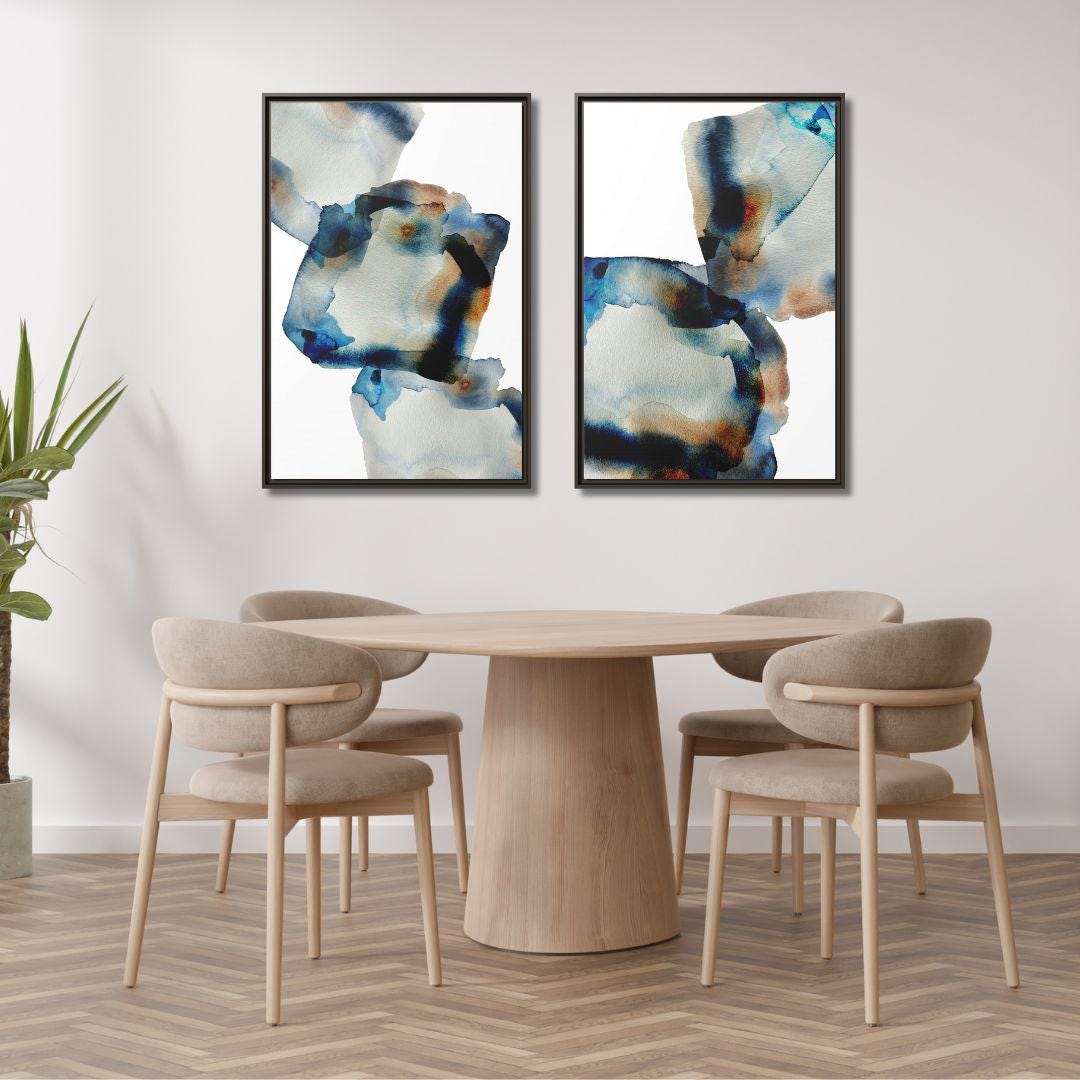 Zweiteiliges Abstraktes Kunstwerk in Blau und Braun – Gerahmte Leinwandbilder – 2er-Set