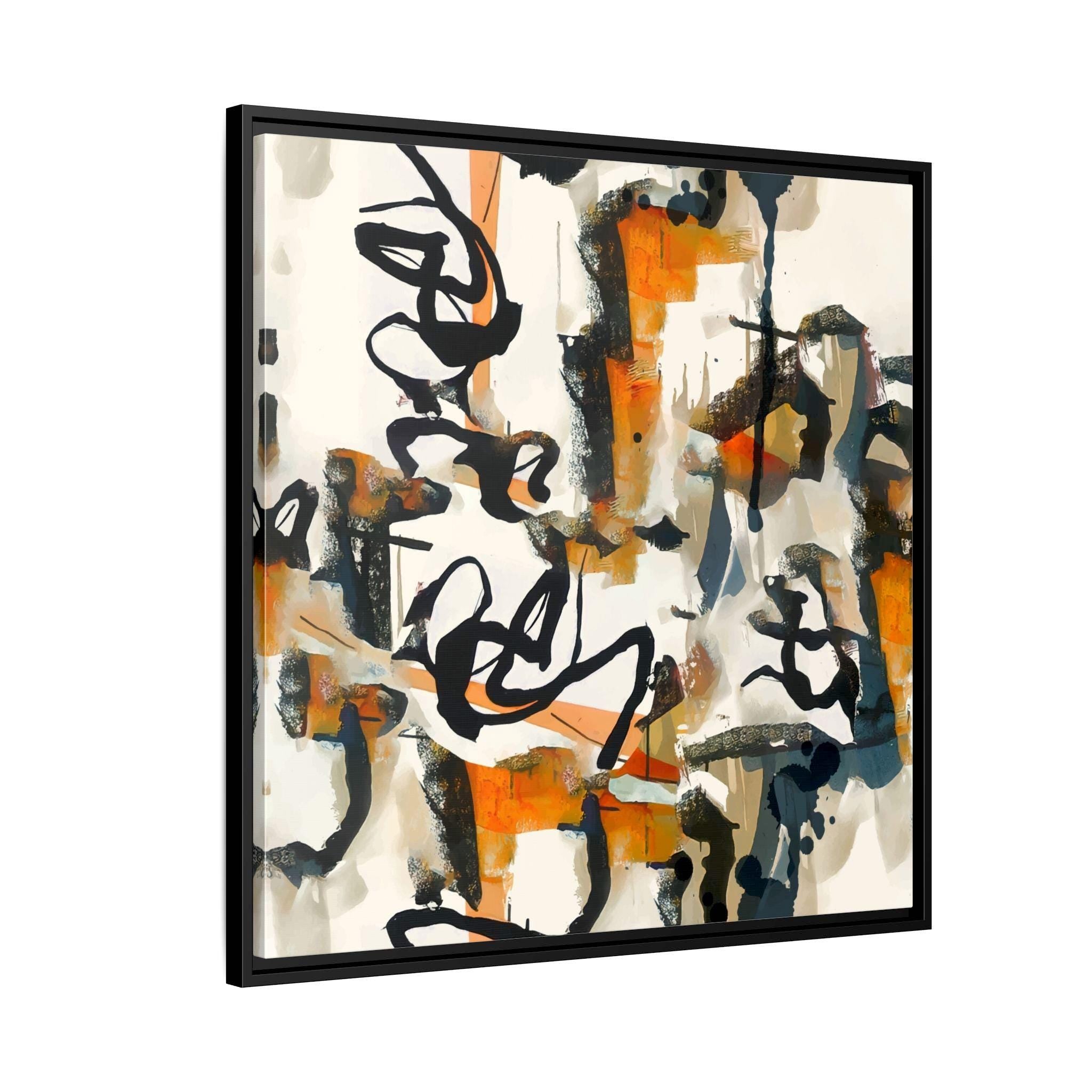 Abstrakte Komposition aus orangen, blauen und beigefarbenen Pinselstrichen – gerahmte Leinwand-Wandkunst