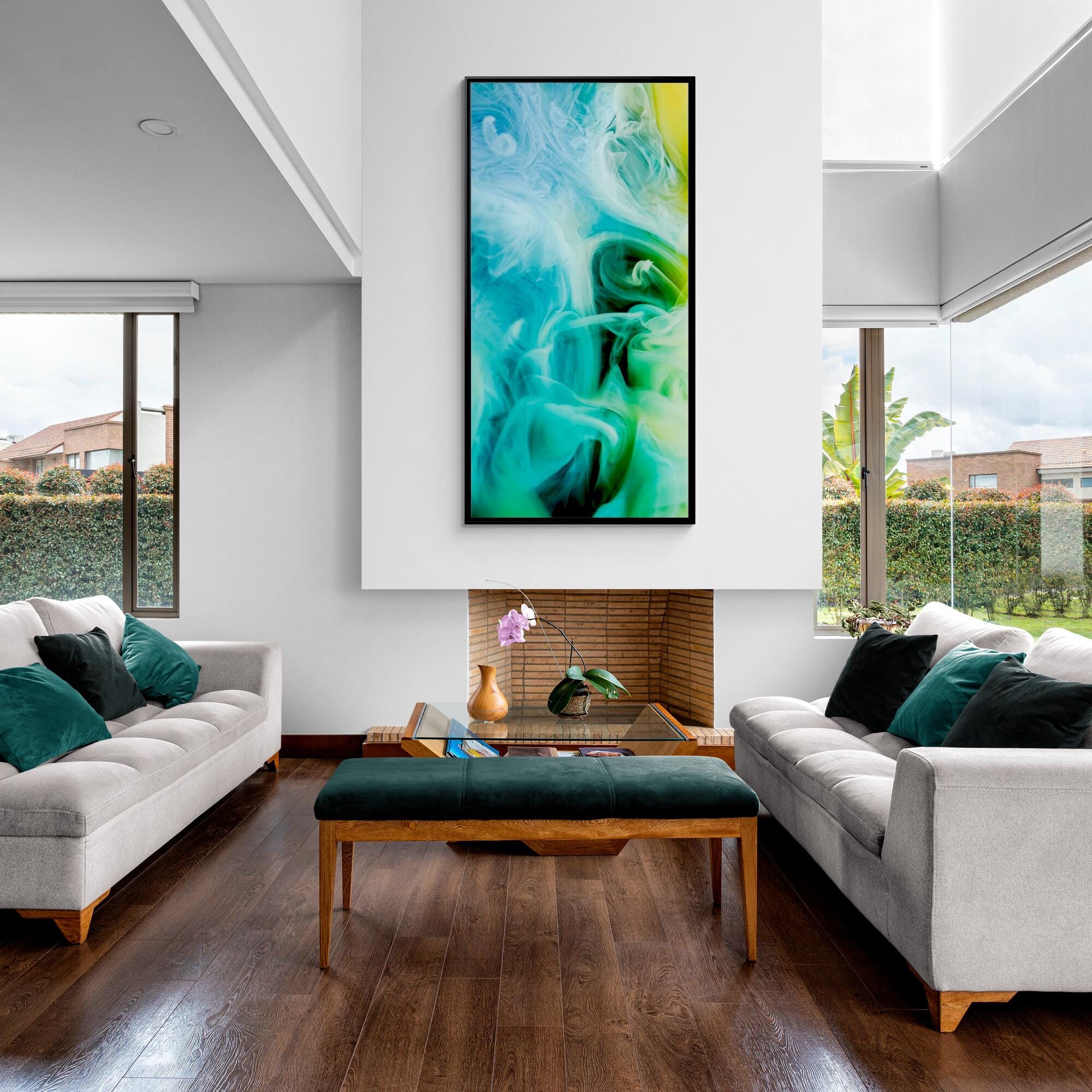 Teal and Green Smoke Abstract Framed Canvas Wall Art