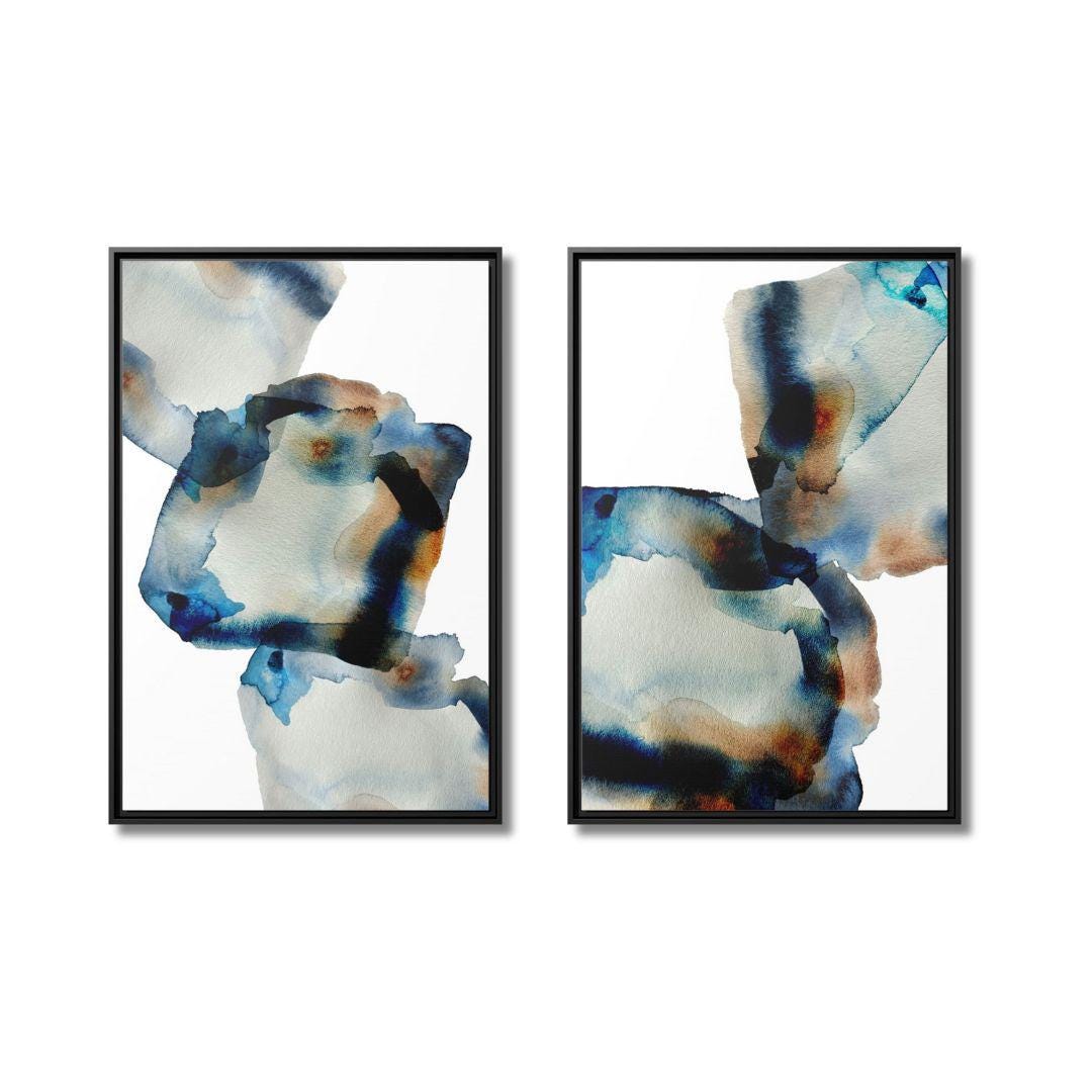 Zweiteiliges Abstraktes Kunstwerk in Blau und Braun – Gerahmte Leinwandbilder – 2er-Set