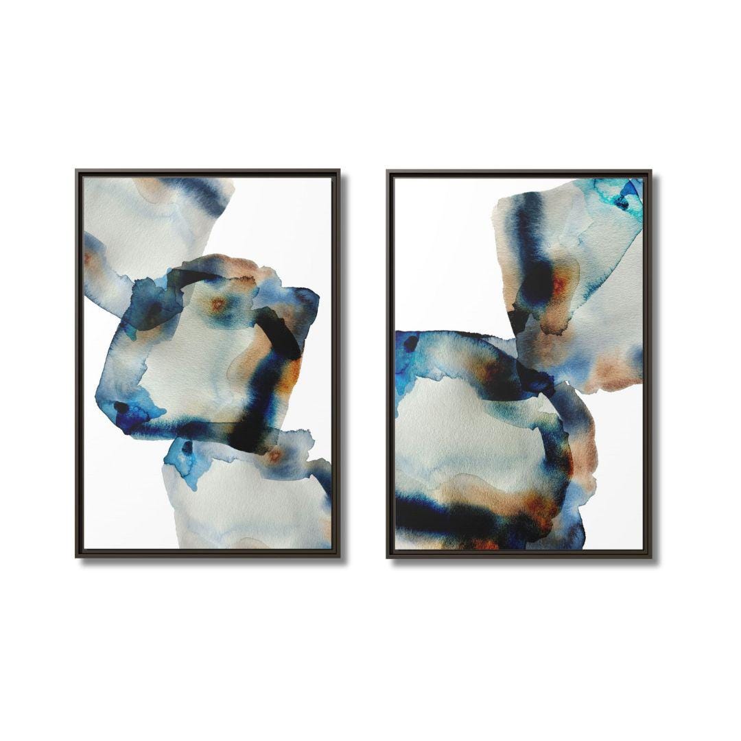 Zweiteiliges Abstraktes Kunstwerk in Blau und Braun – Gerahmte Leinwandbilder – 2er-Set