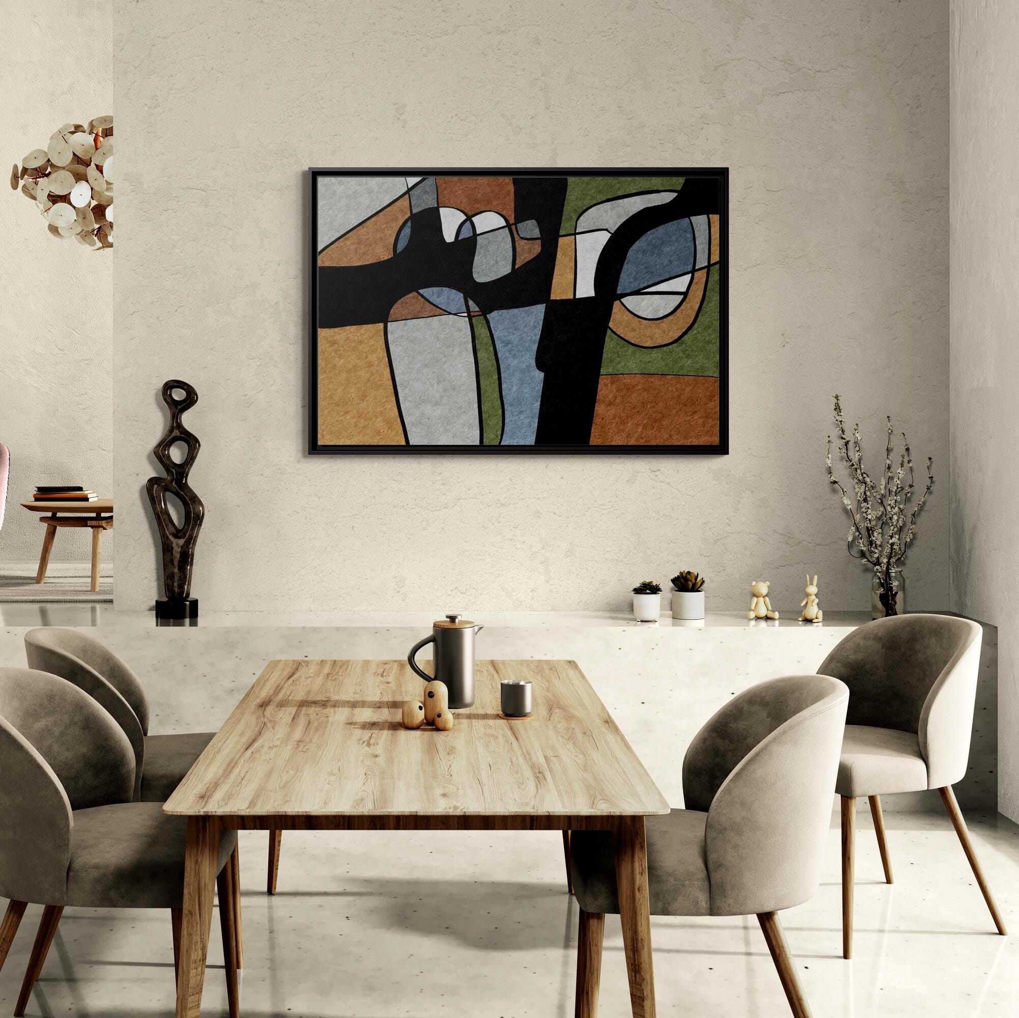 Abstrakte Geometrische Linienkunst – Farbblöcke im Mid-Century-Stil – Gerahmtes Leinwandbild