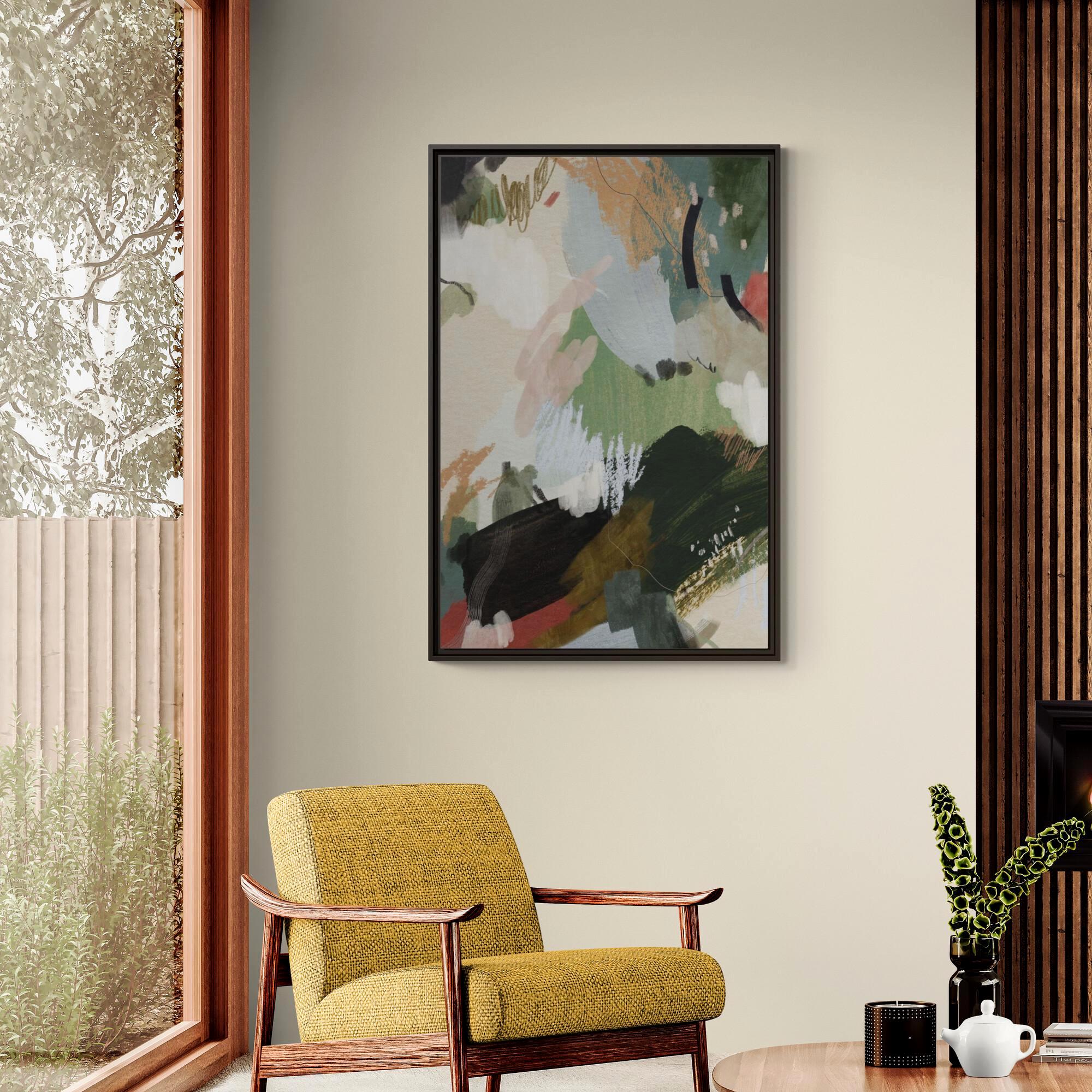 Green, Beige and Blush Abstract Brushstroke Art - Framed Canvas Wall Art
