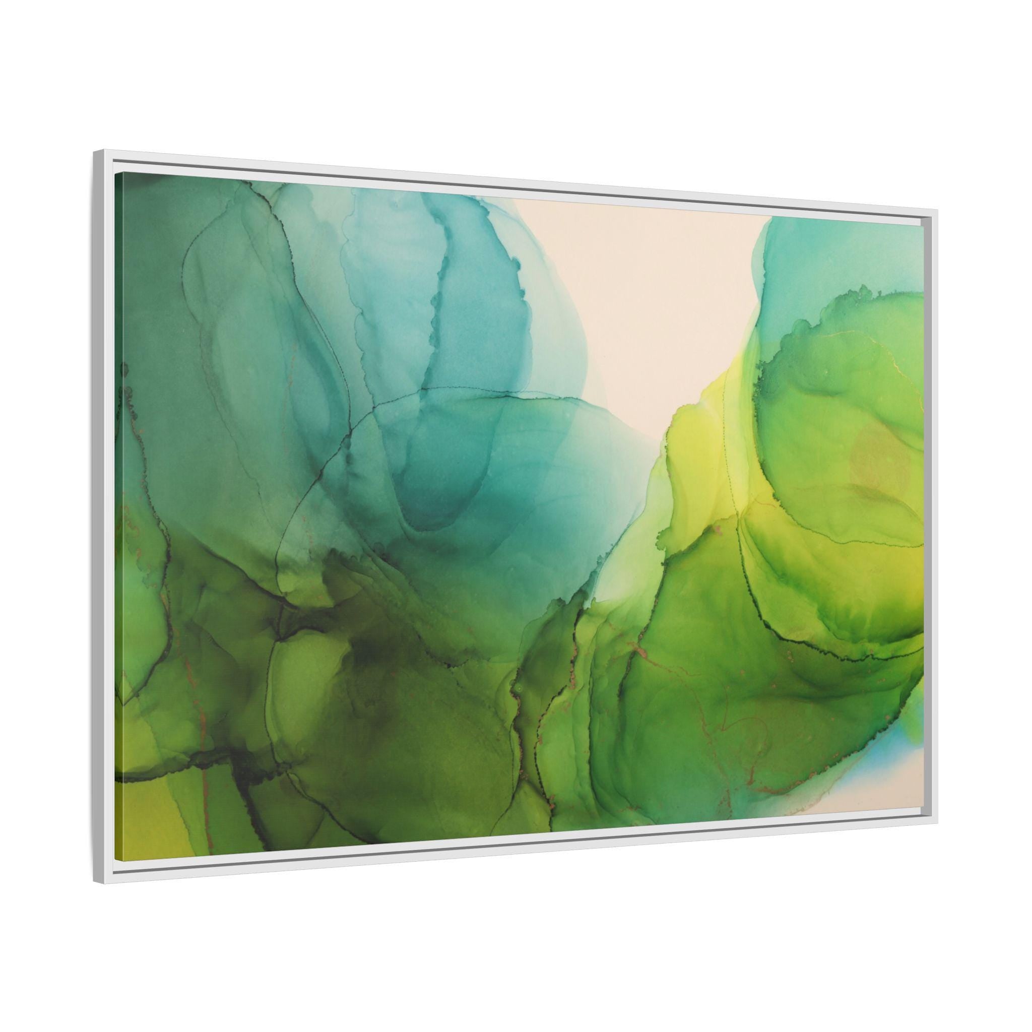 Green and Teal Abstract Ink Art - Framed Canvas Wall Art