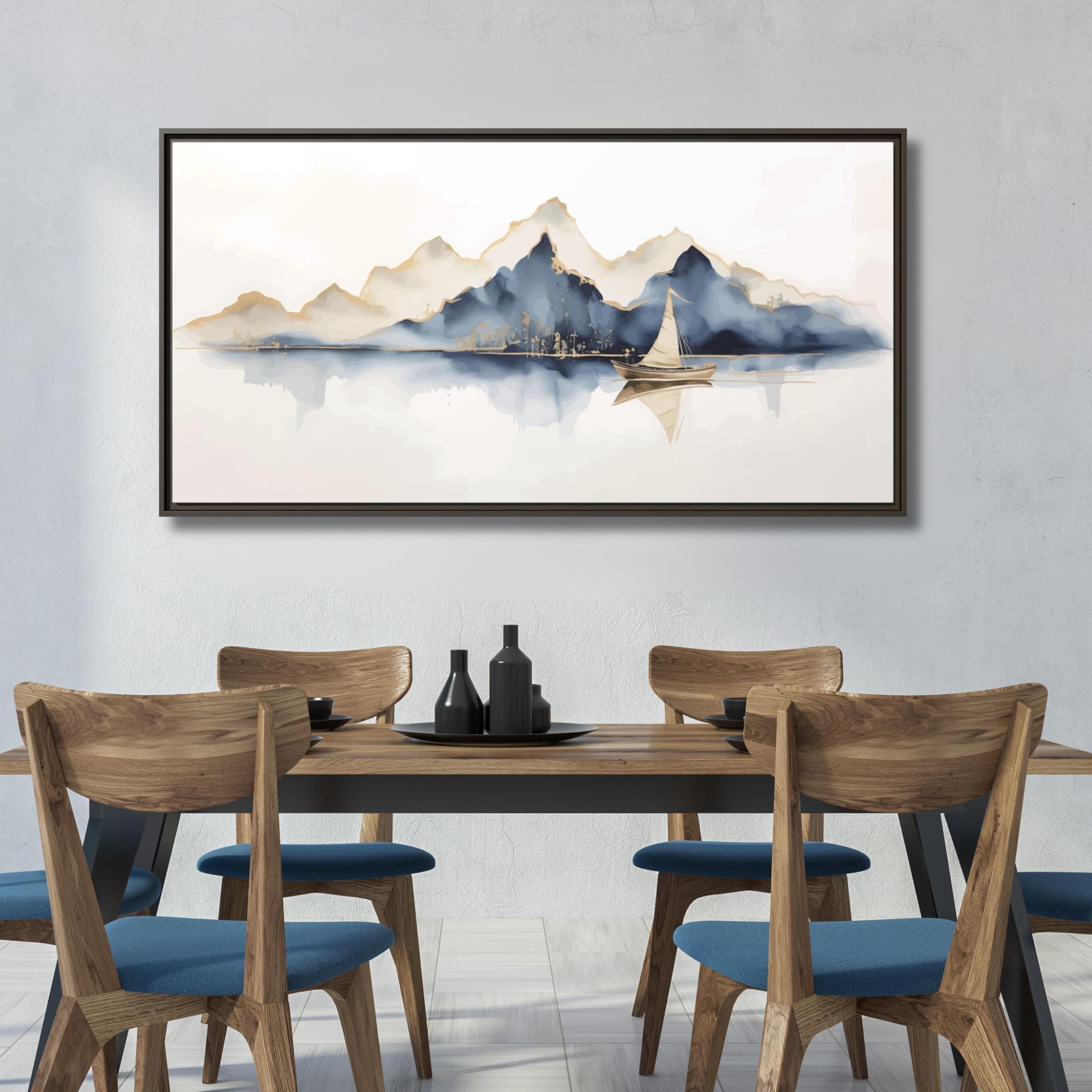 Mountains and Sailboat Watercolor Art - Framed Canvas Wall Art